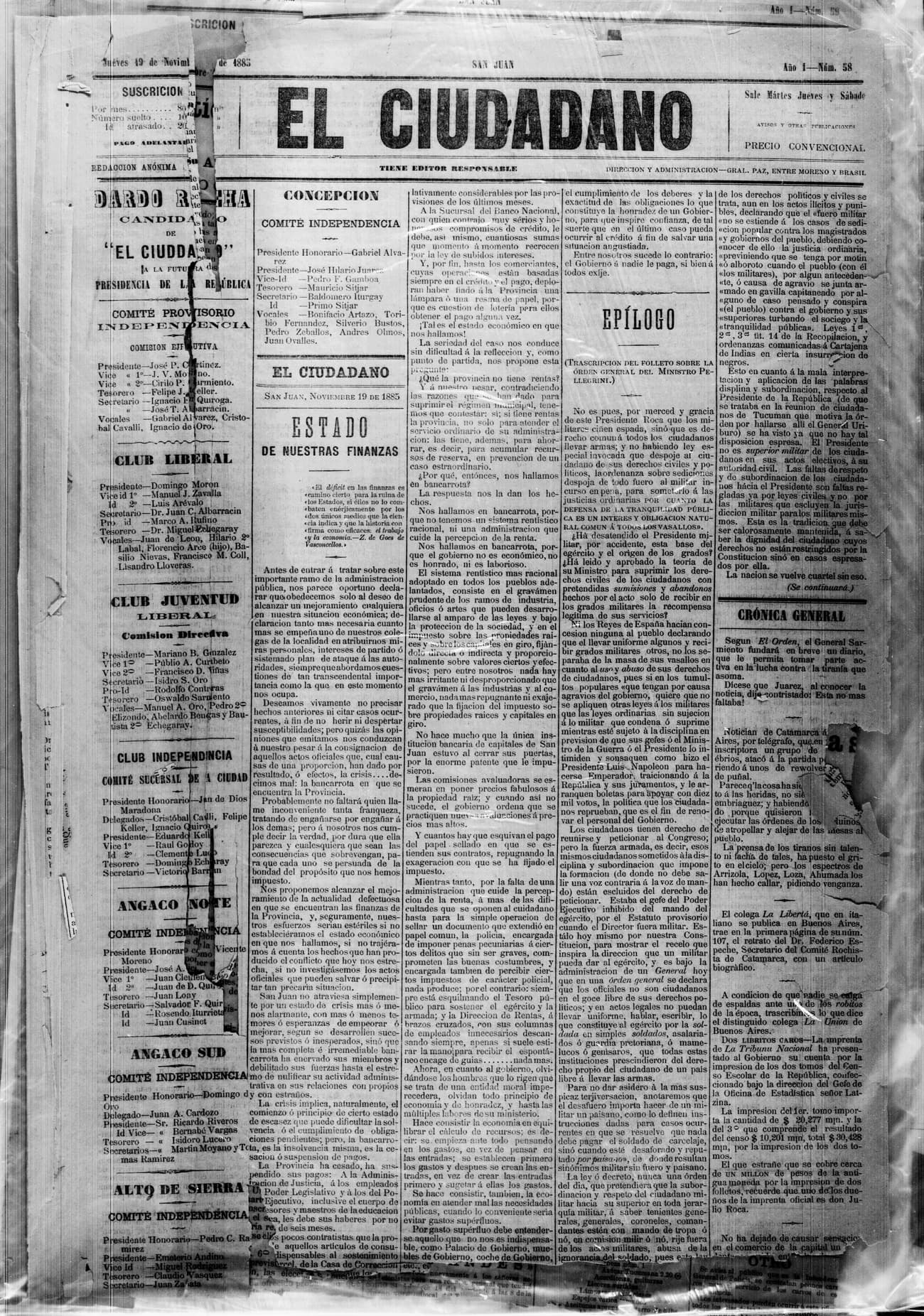 Portada · 19 de Noviembre de 1885