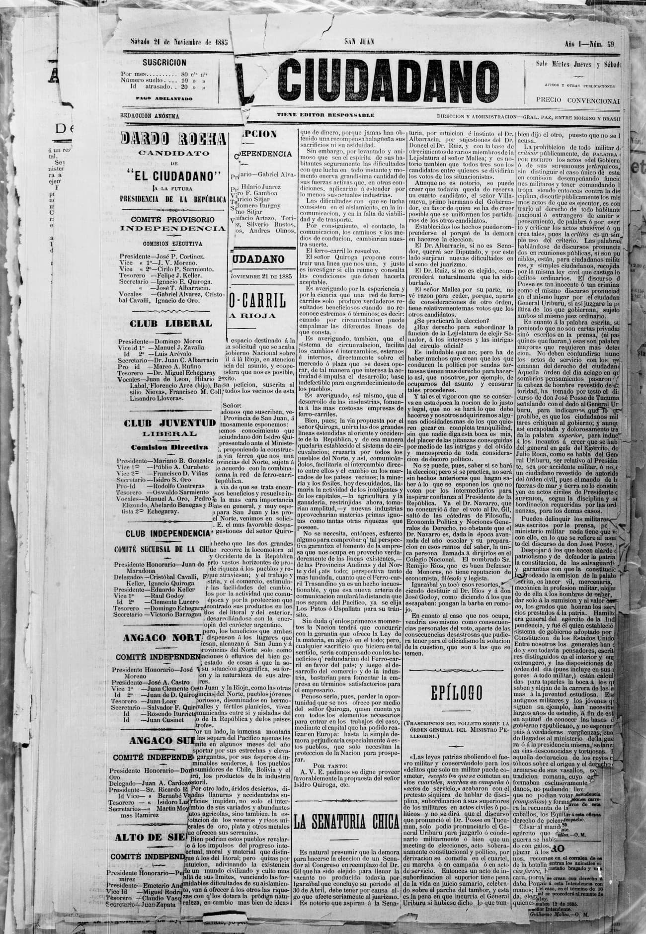 Portada · 21 de Noviembre de 1885