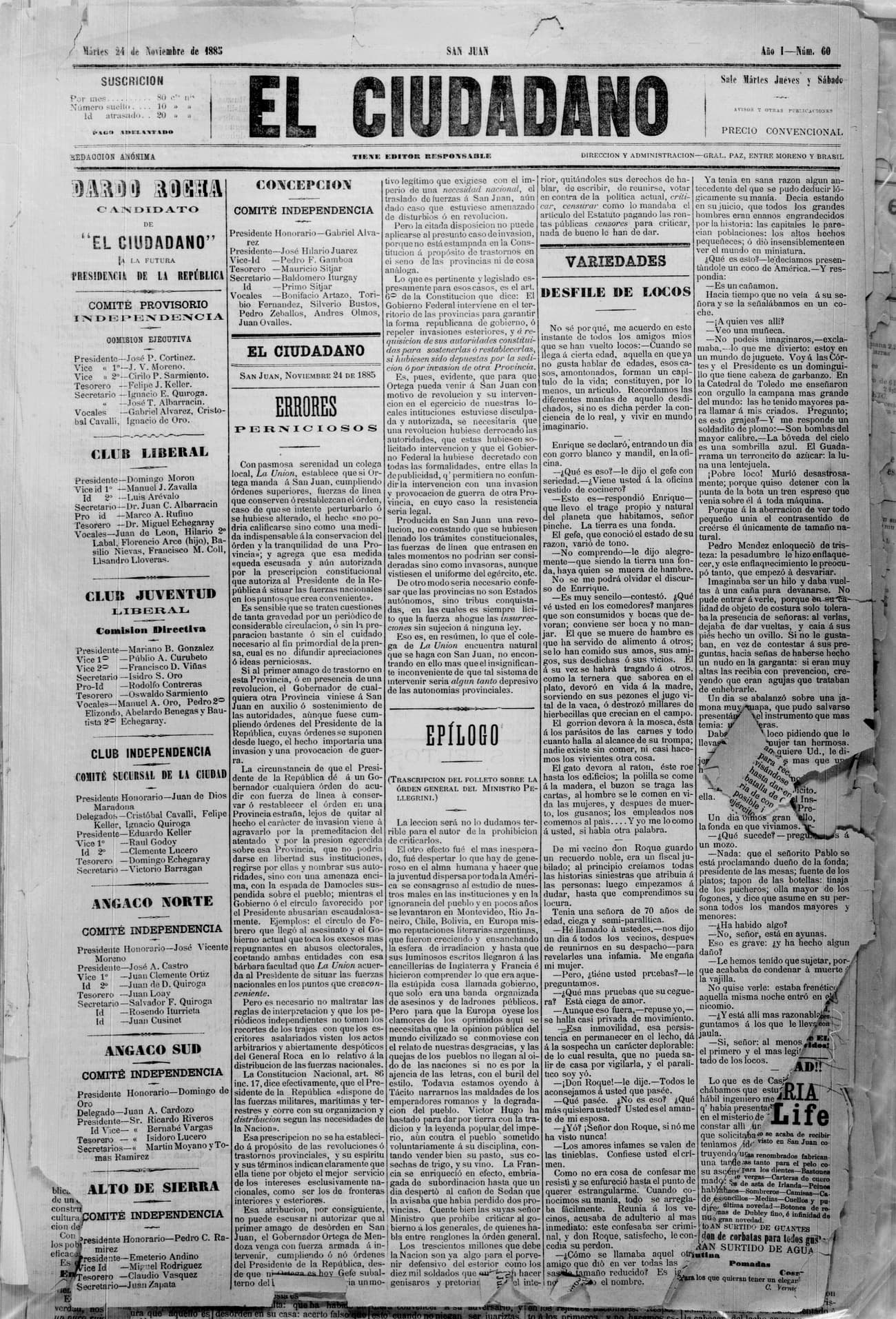 Portada · 24 de Noviembre de 1885
