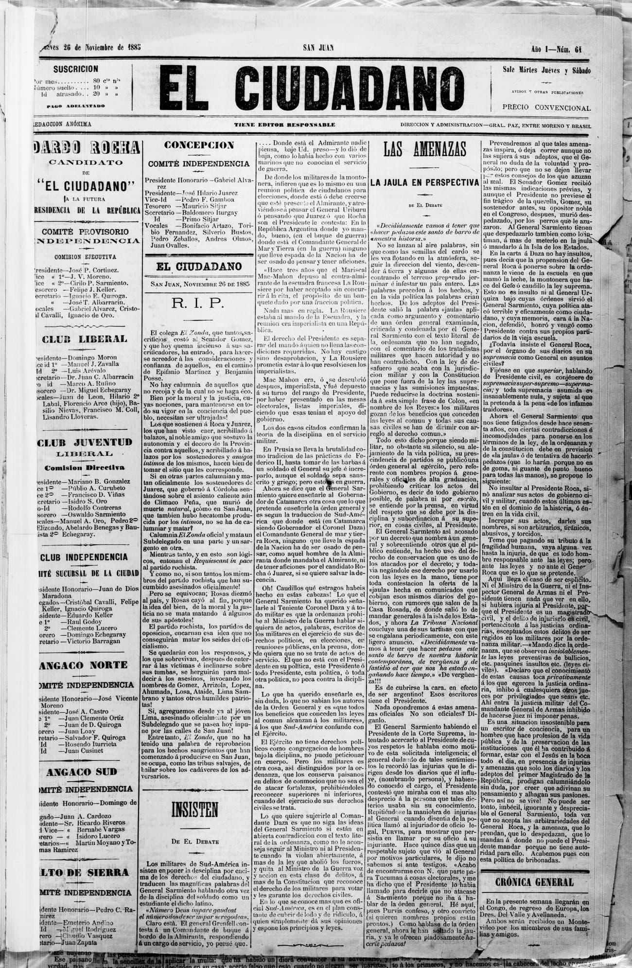 Portada · 26 de Noviembre de 1885