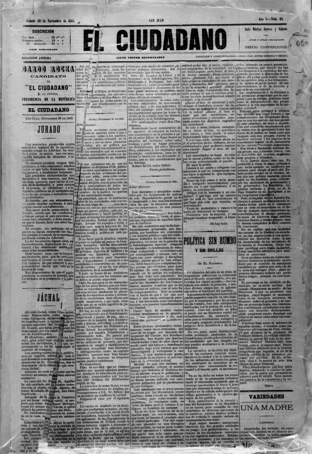 Portada · 28 de Noviembre de 1885