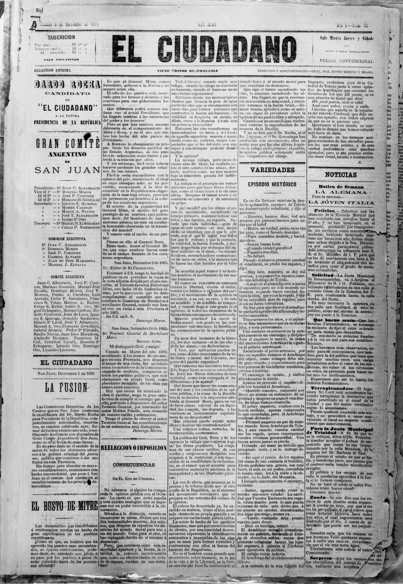 Portada · 5 de Diciembre de 1885