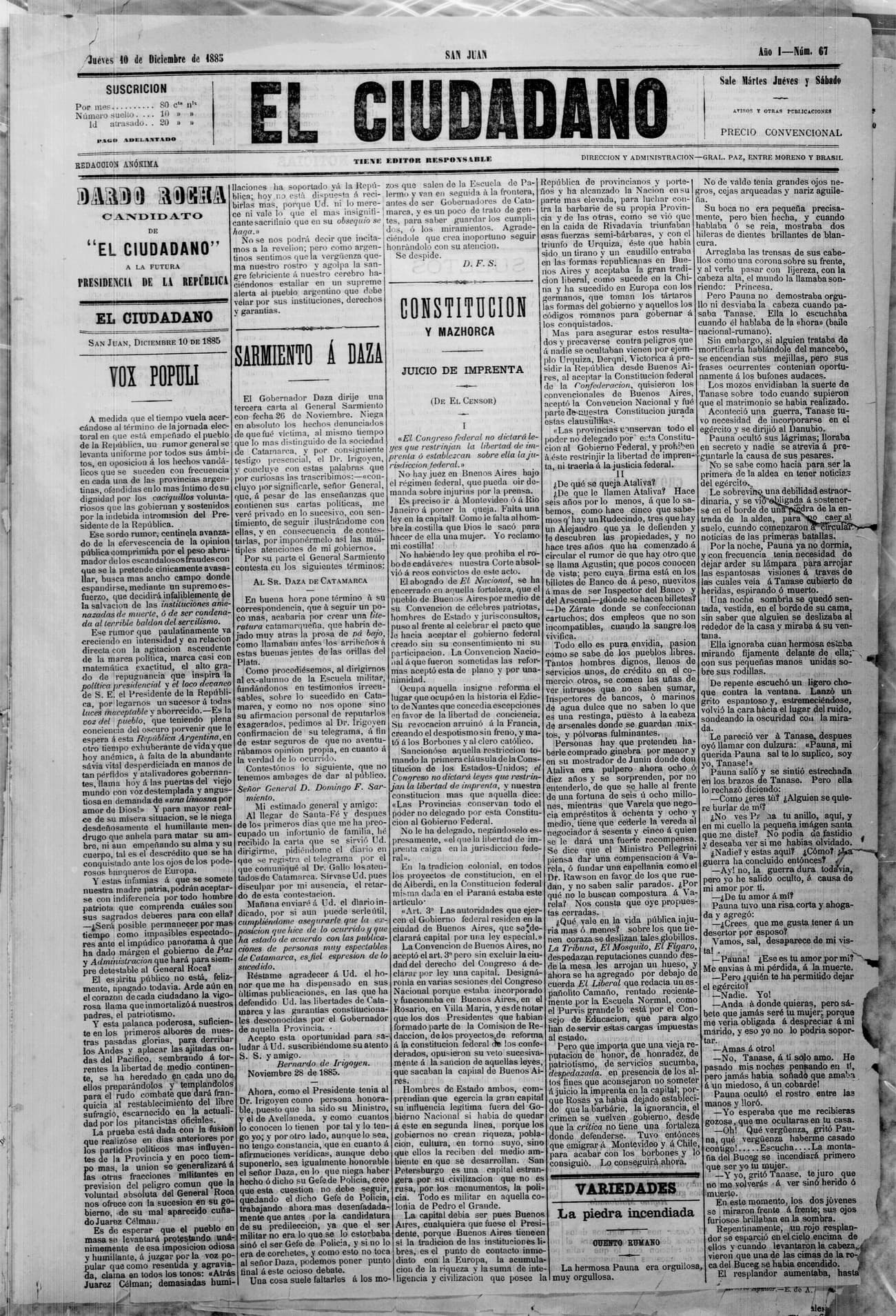 Portada · 10 de Diciembre de 1885