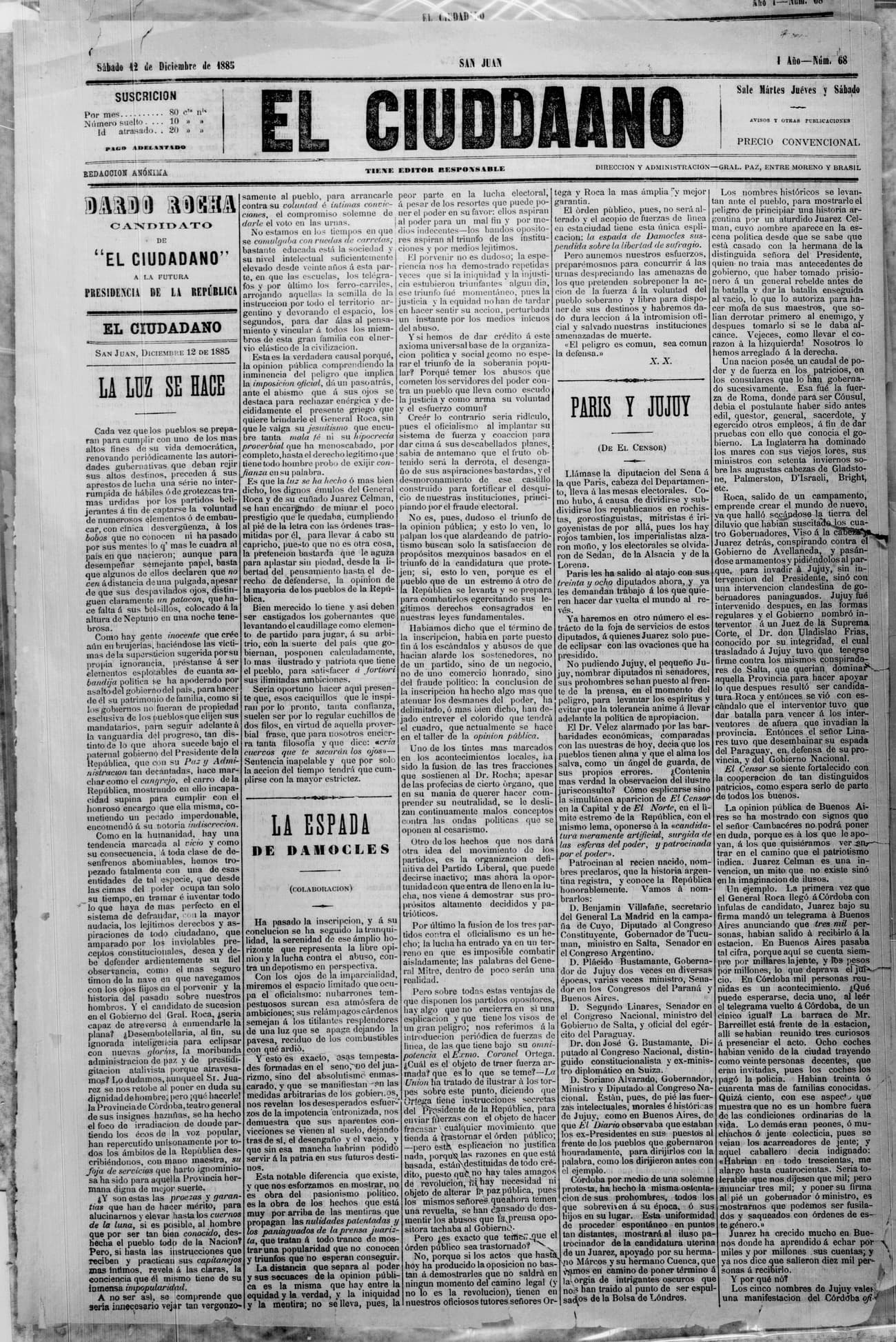 Portada · 12 de Diciembre de 1885