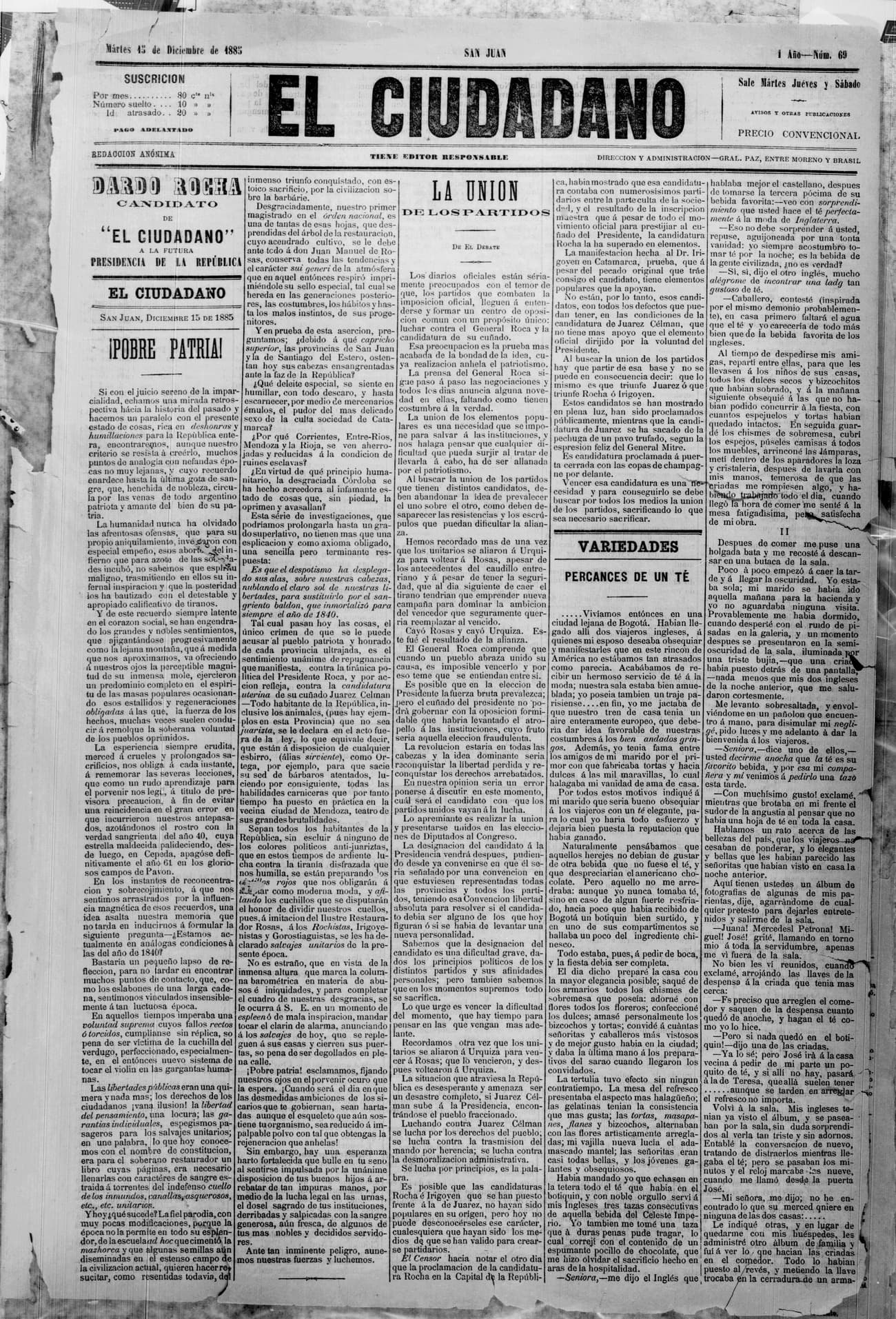 Portada · 15 de Diciembre de 1885