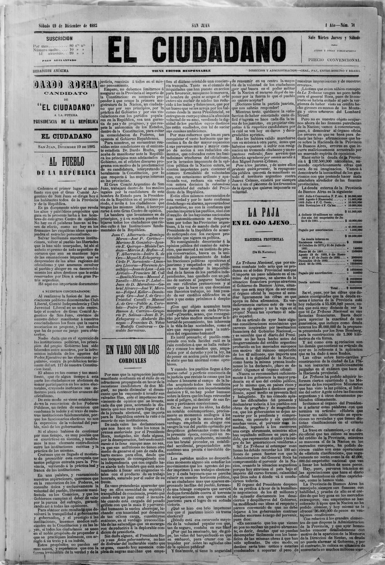 Portada · 19 de Diciembre de 1885