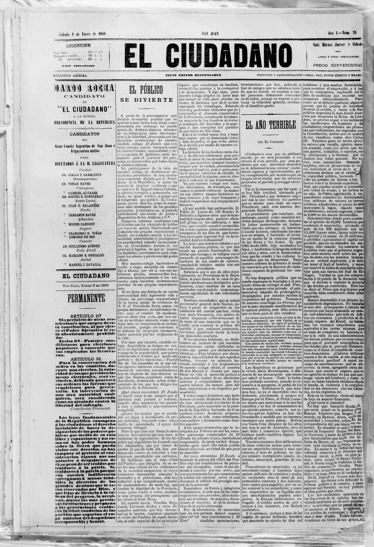 Portada · 9 de Enero de 1886