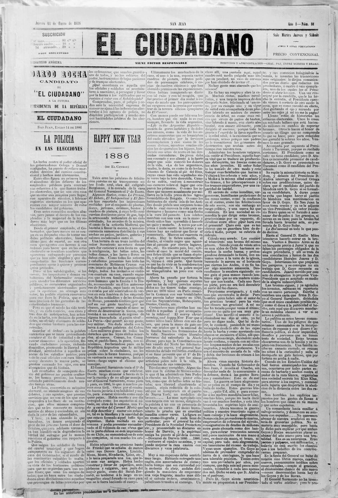 Portada · 14 de Enero de 1886