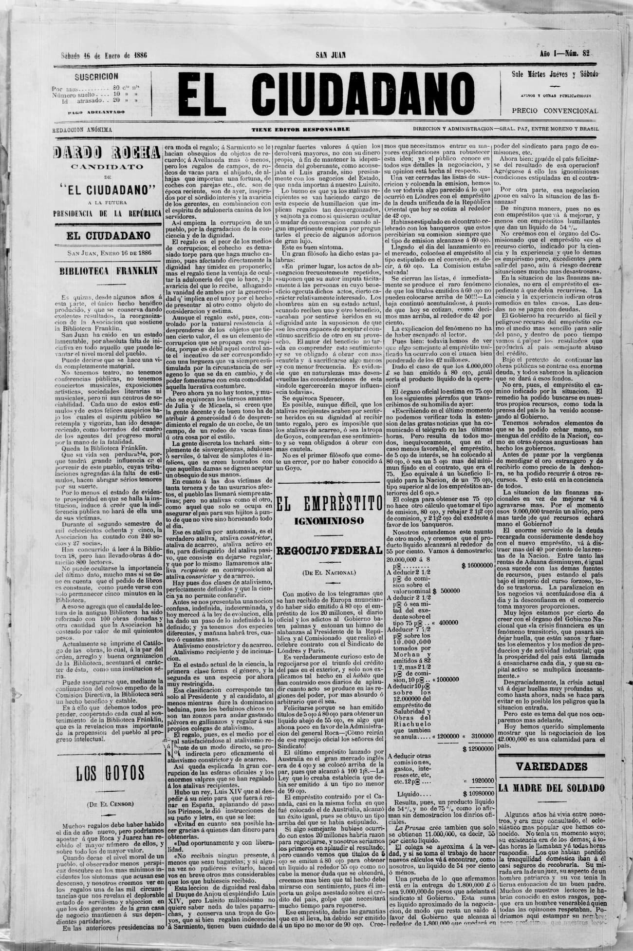 Portada · 16 de Enero de 1886