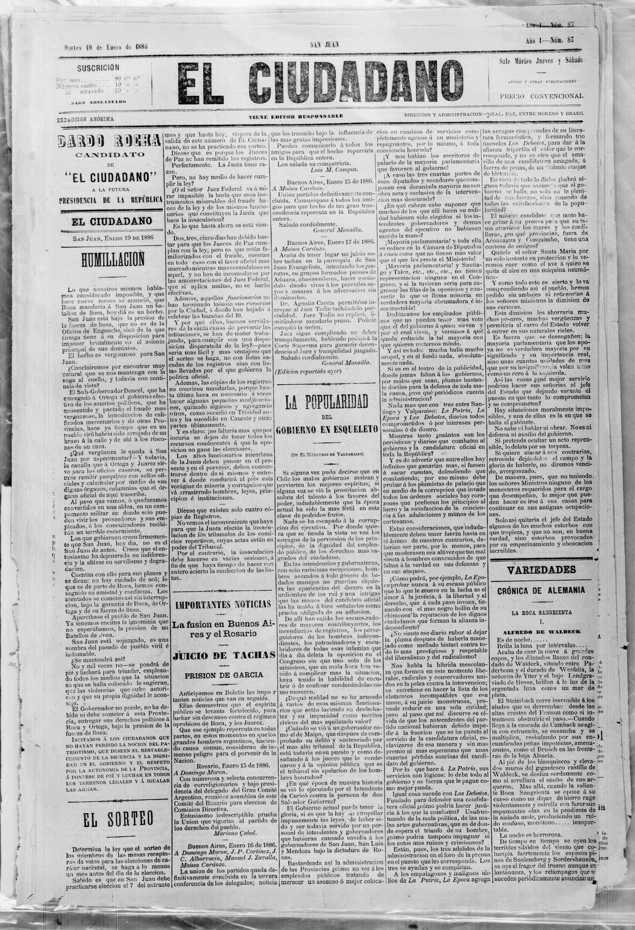 Portada · 19 de Enero de 1886