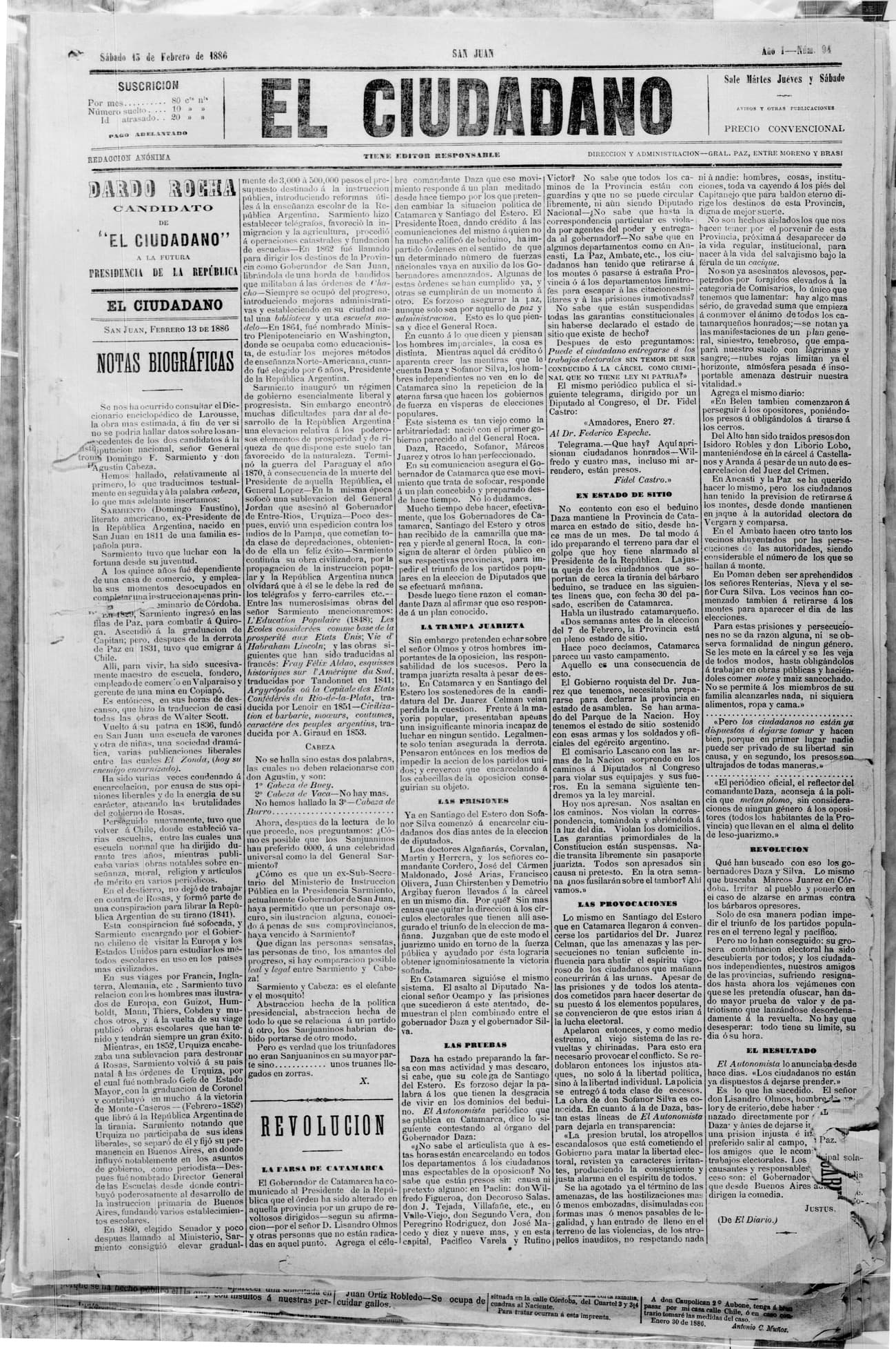 Portada · 13 de Febrero de 1886