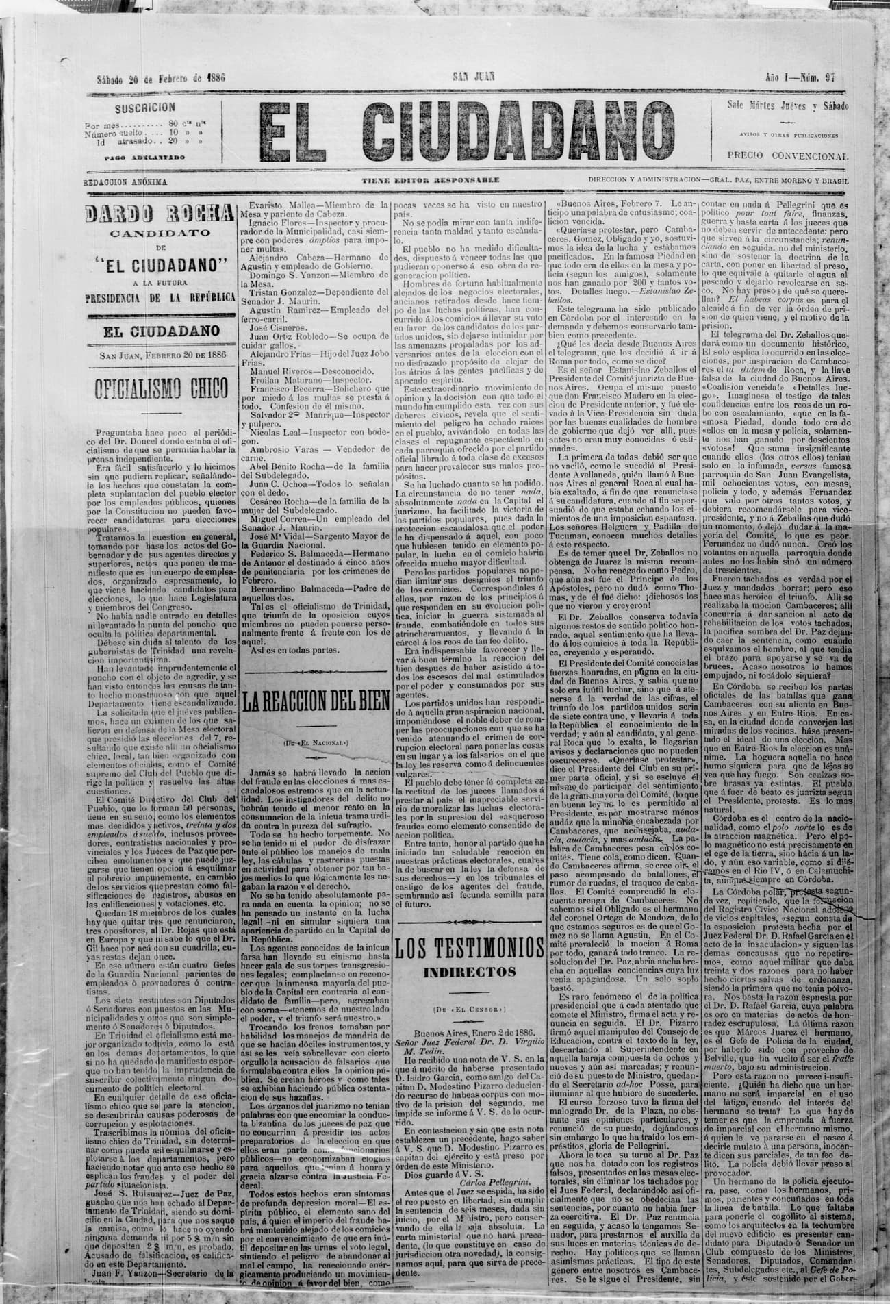 Portada · 20 de Febrero de 1886