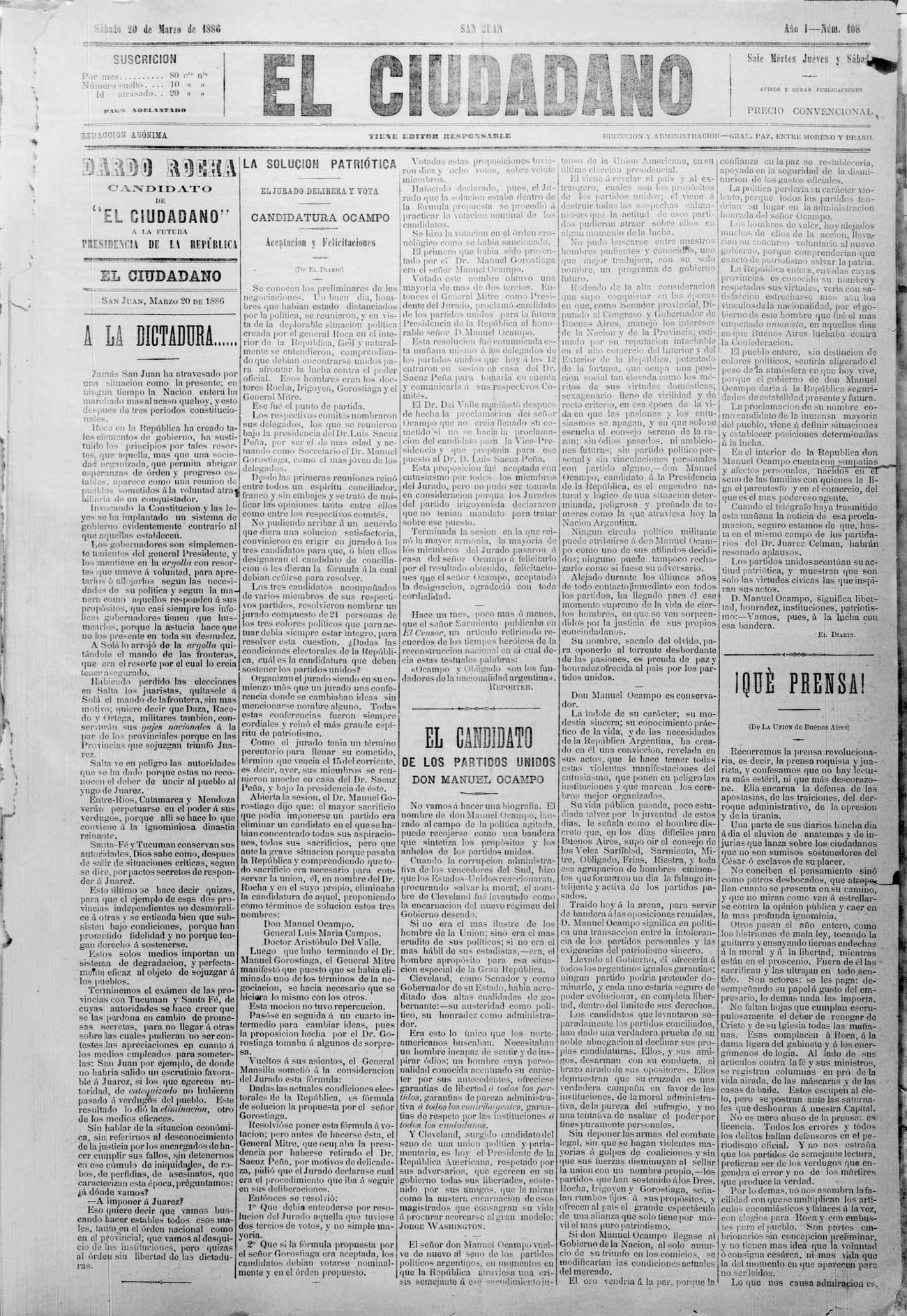 Portada · 20 de Marzo de 1886