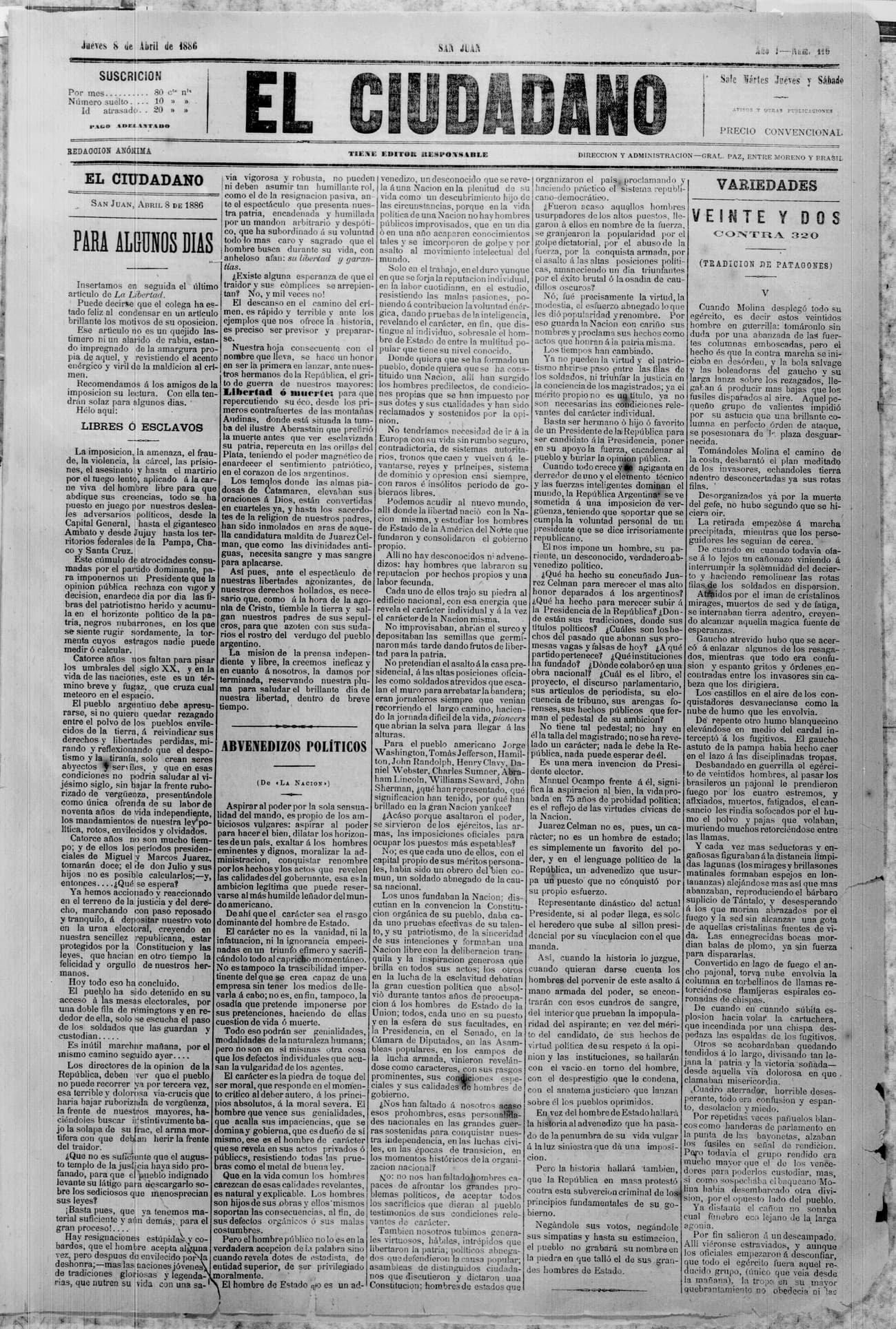 Portada · 8 de Abril de 1886