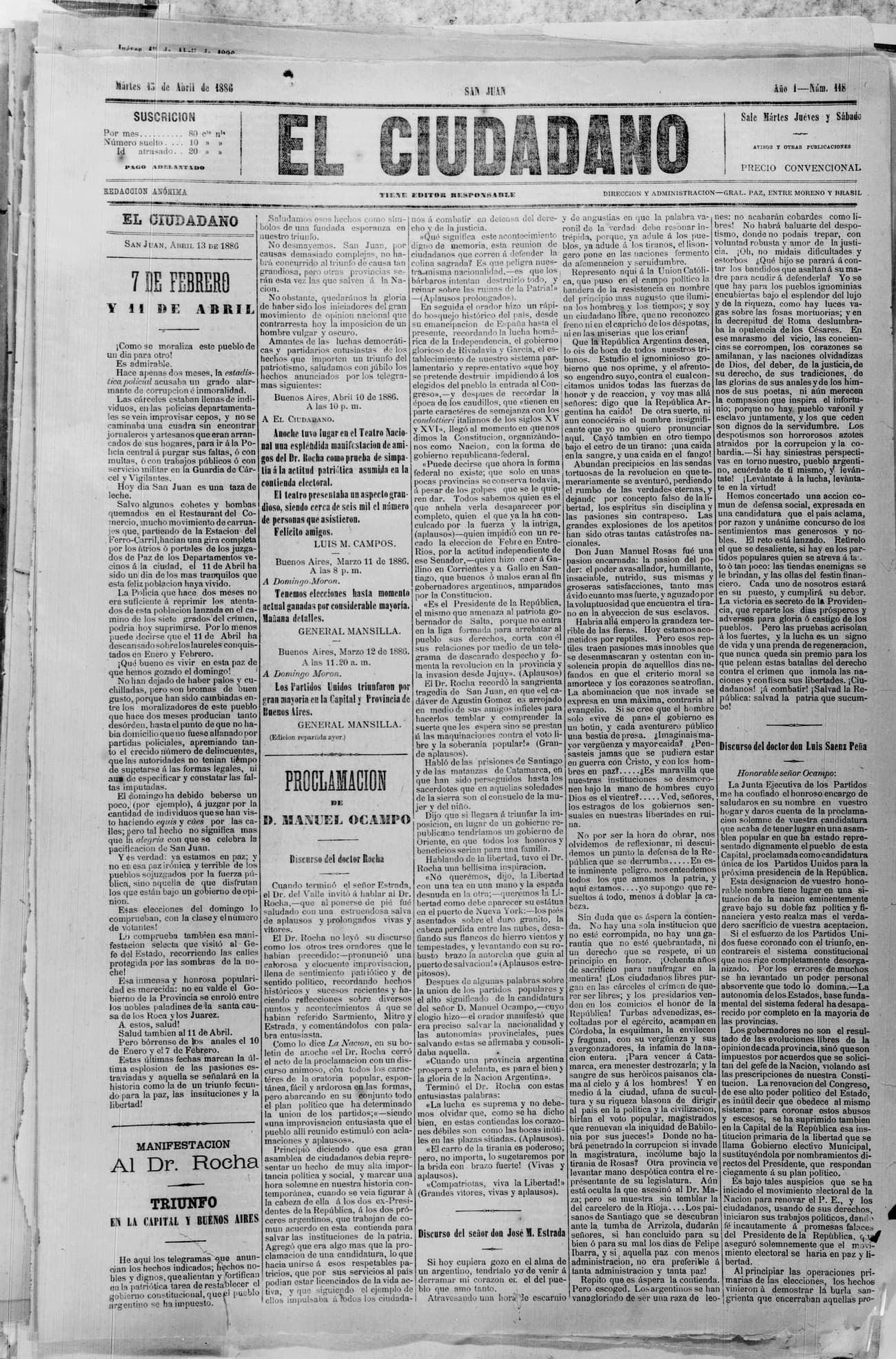 Portada · 13 de Abril de 1886