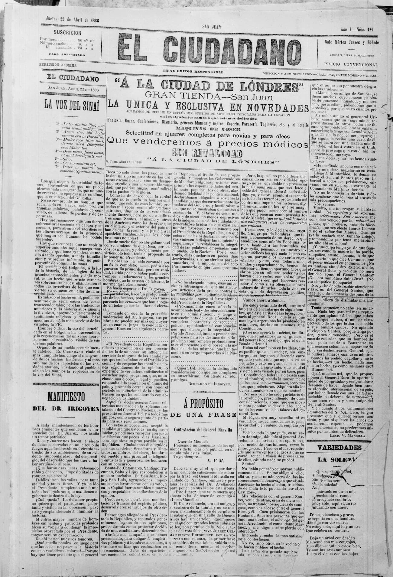 Portada · 22 de Abril de 1886
