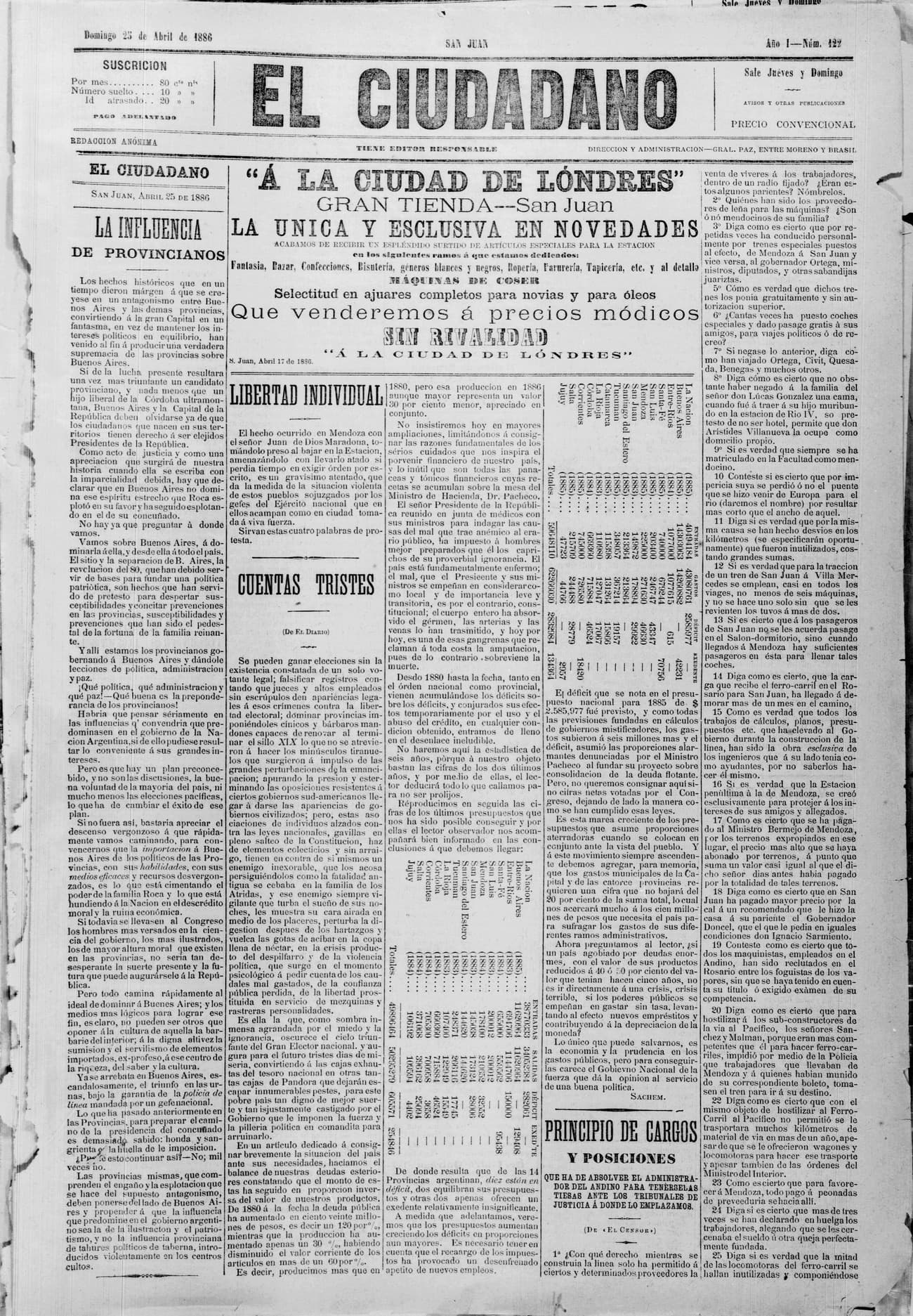Portada · 25 de Abril de 1886