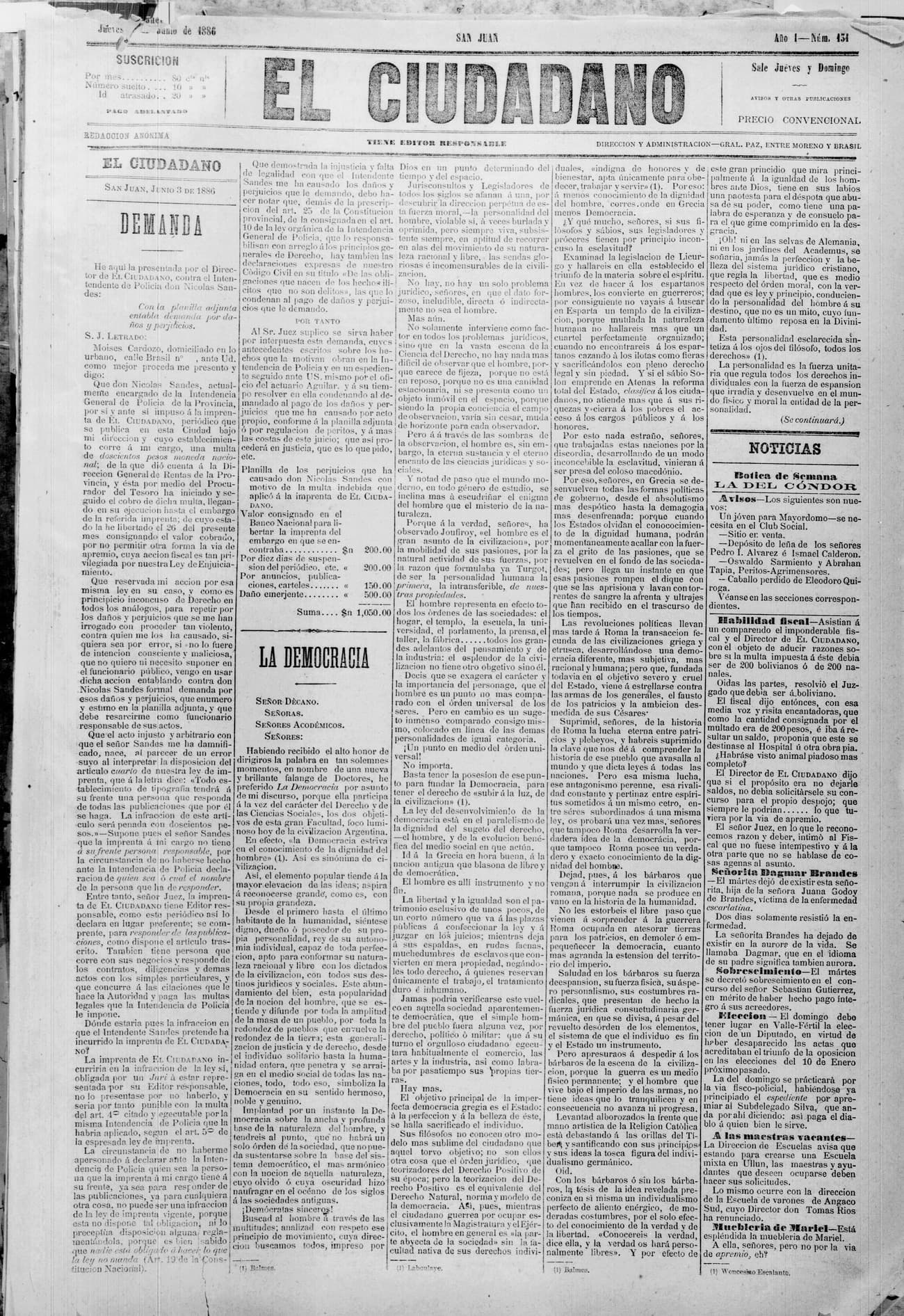 Portada · 3 de Junio de 1886