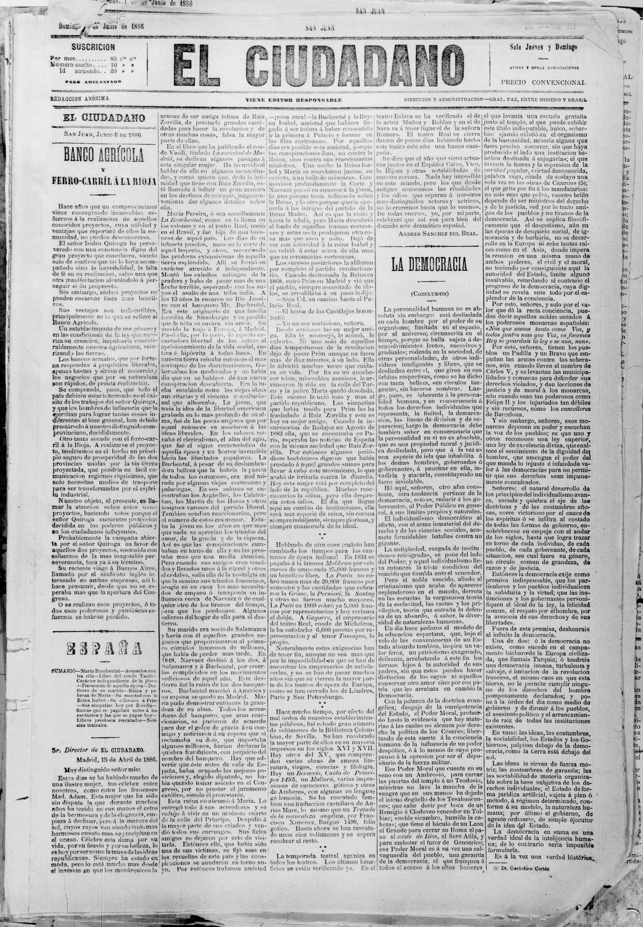 Portada · 6 de Junio de 1886