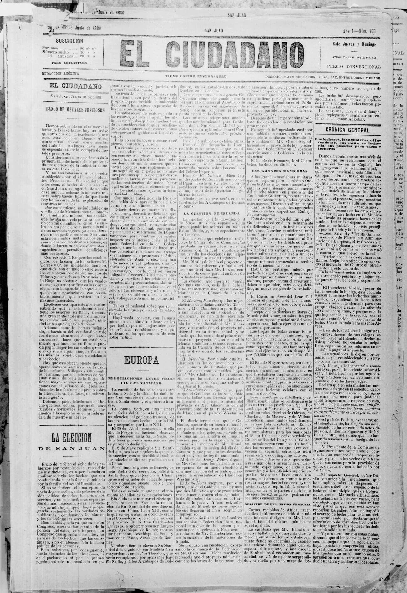 Portada · 10 de Junio de 1886