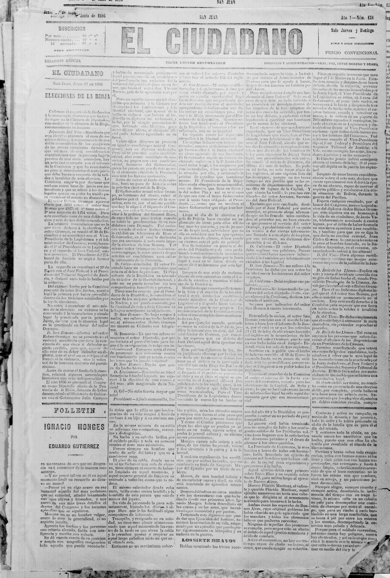 Portada · 27 de Junio de 1886
