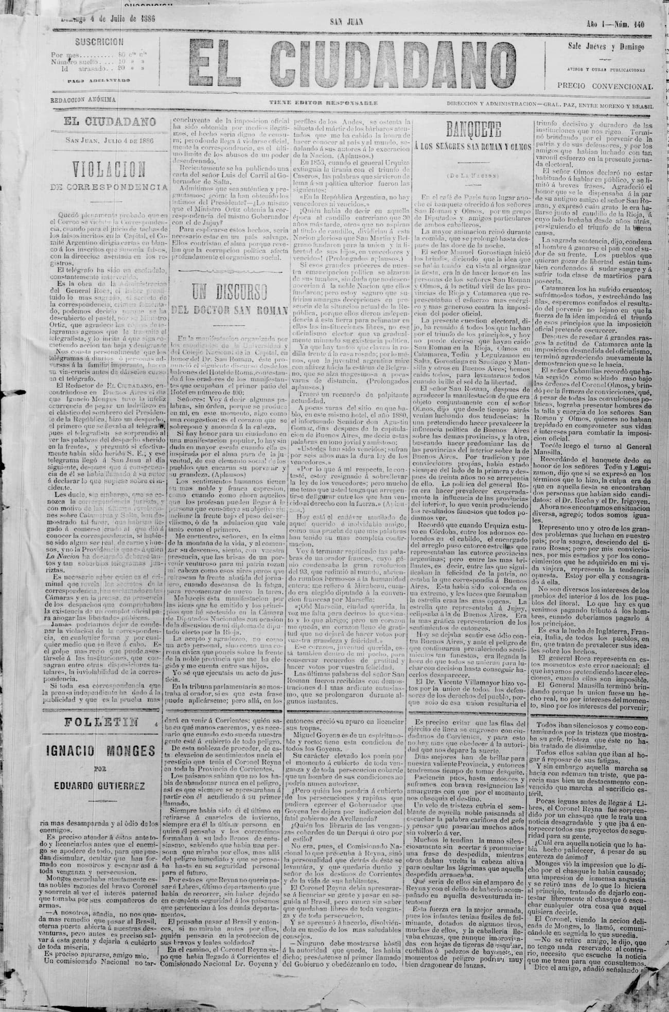 Portada · 4 de Julio de 1886