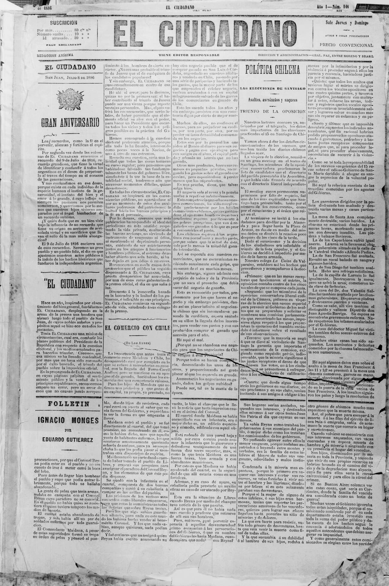 Portada · 8 de Julio de 1886