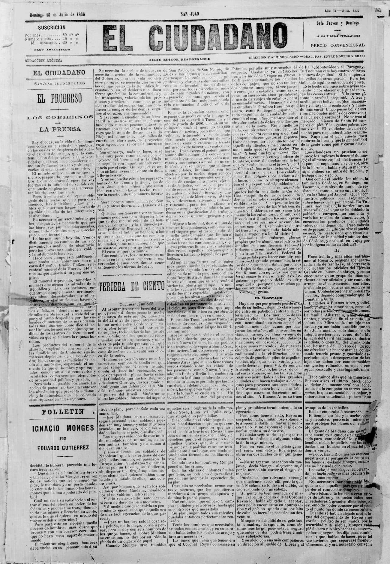 Portada · 18 de Julio de 1886