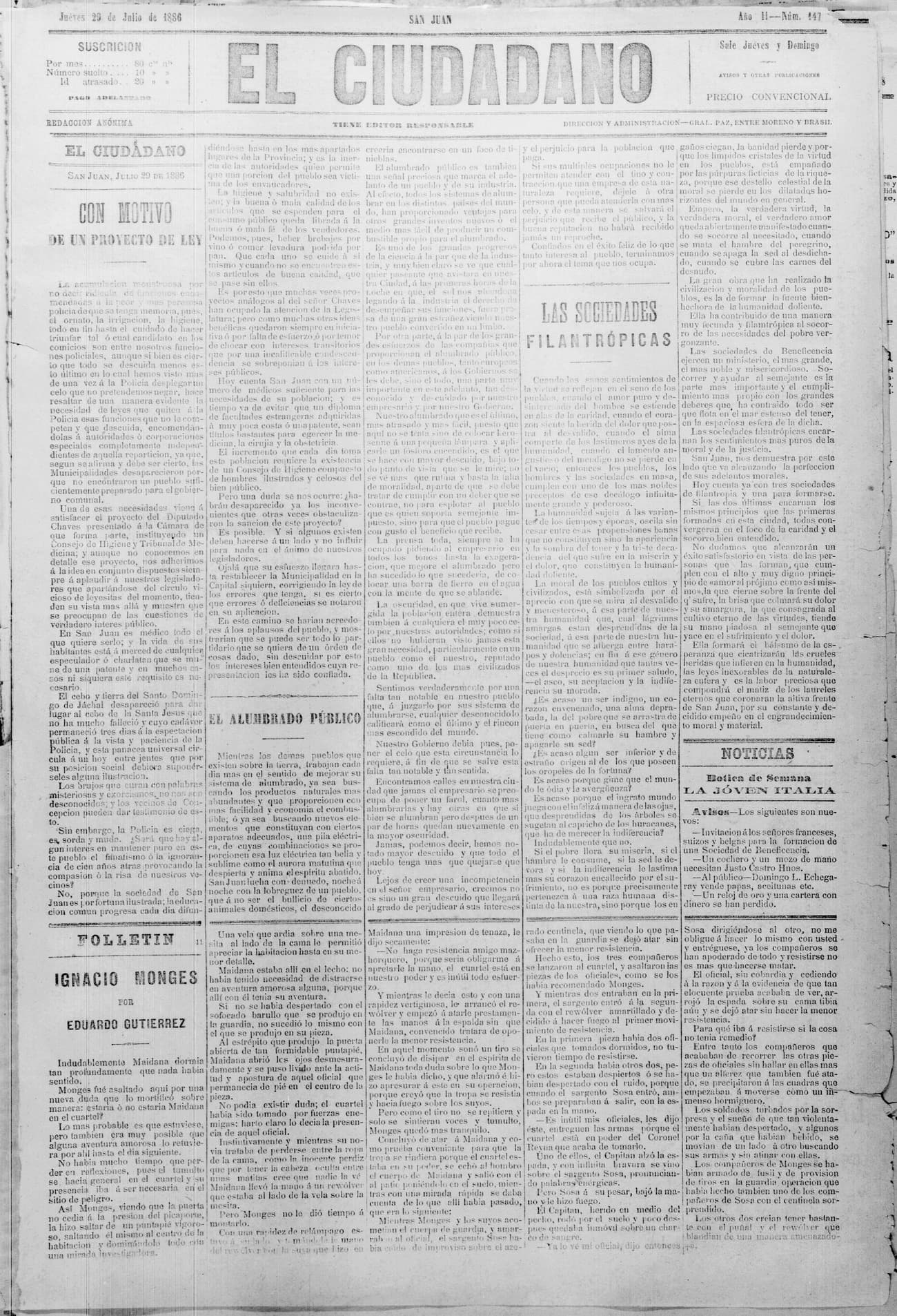 Portada · 29 de Julio de 1886