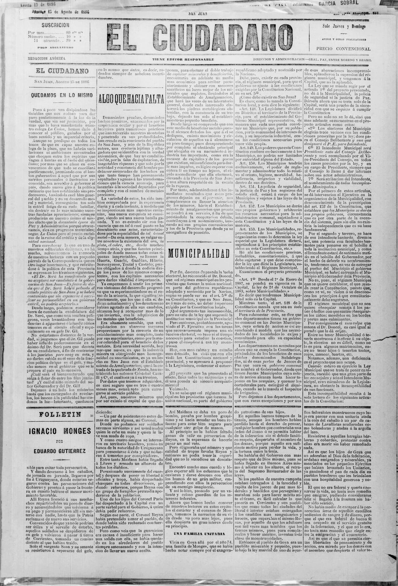 Portada · 15 de Agosto de 1886