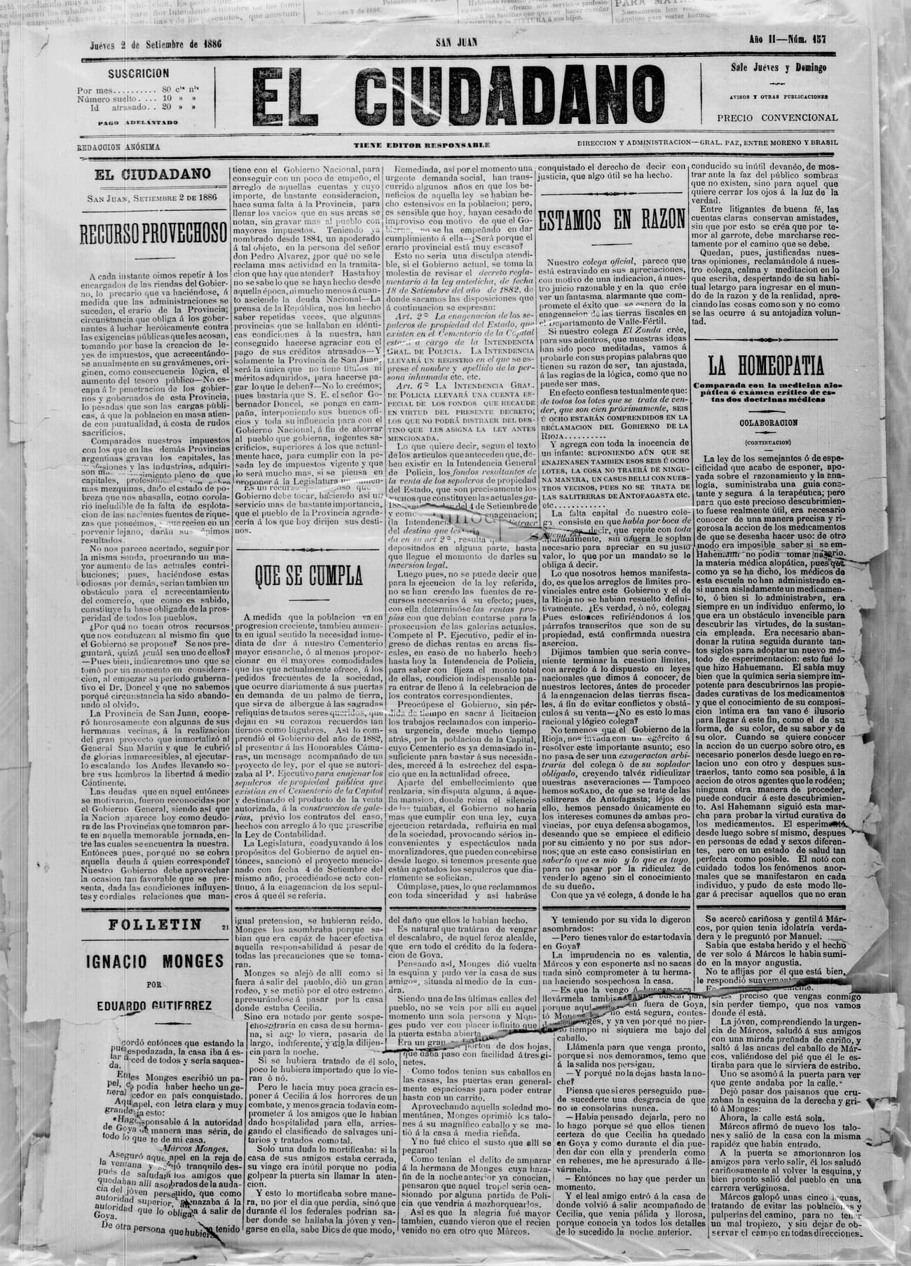 Portada · 2 de Septiembre de 1886