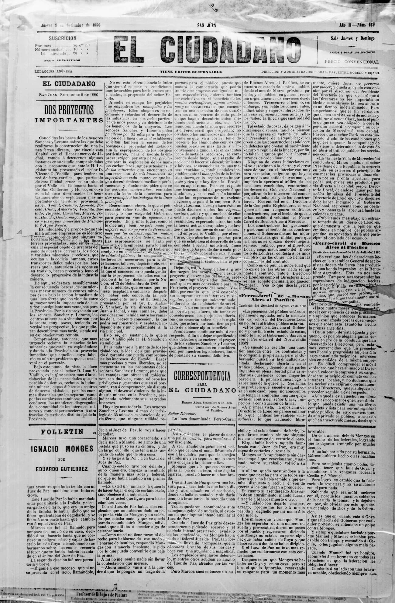 Portada · 9 de Septiembre de 1886