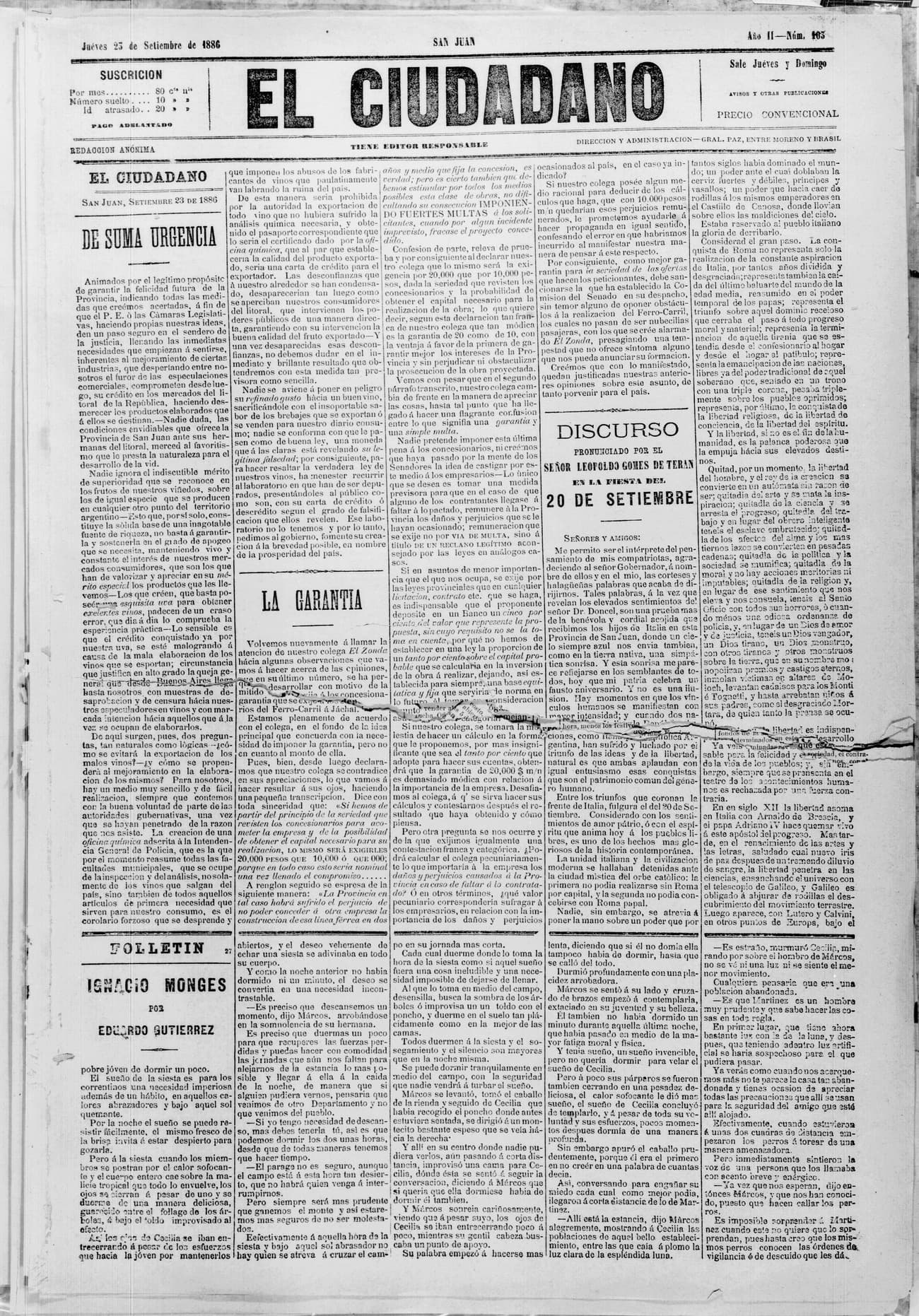 Portada · 23 de Septiembre de 1886