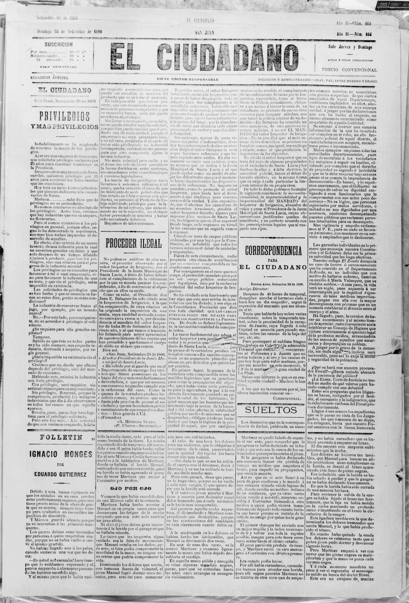 Portada · 26 de Septiembre de 1886