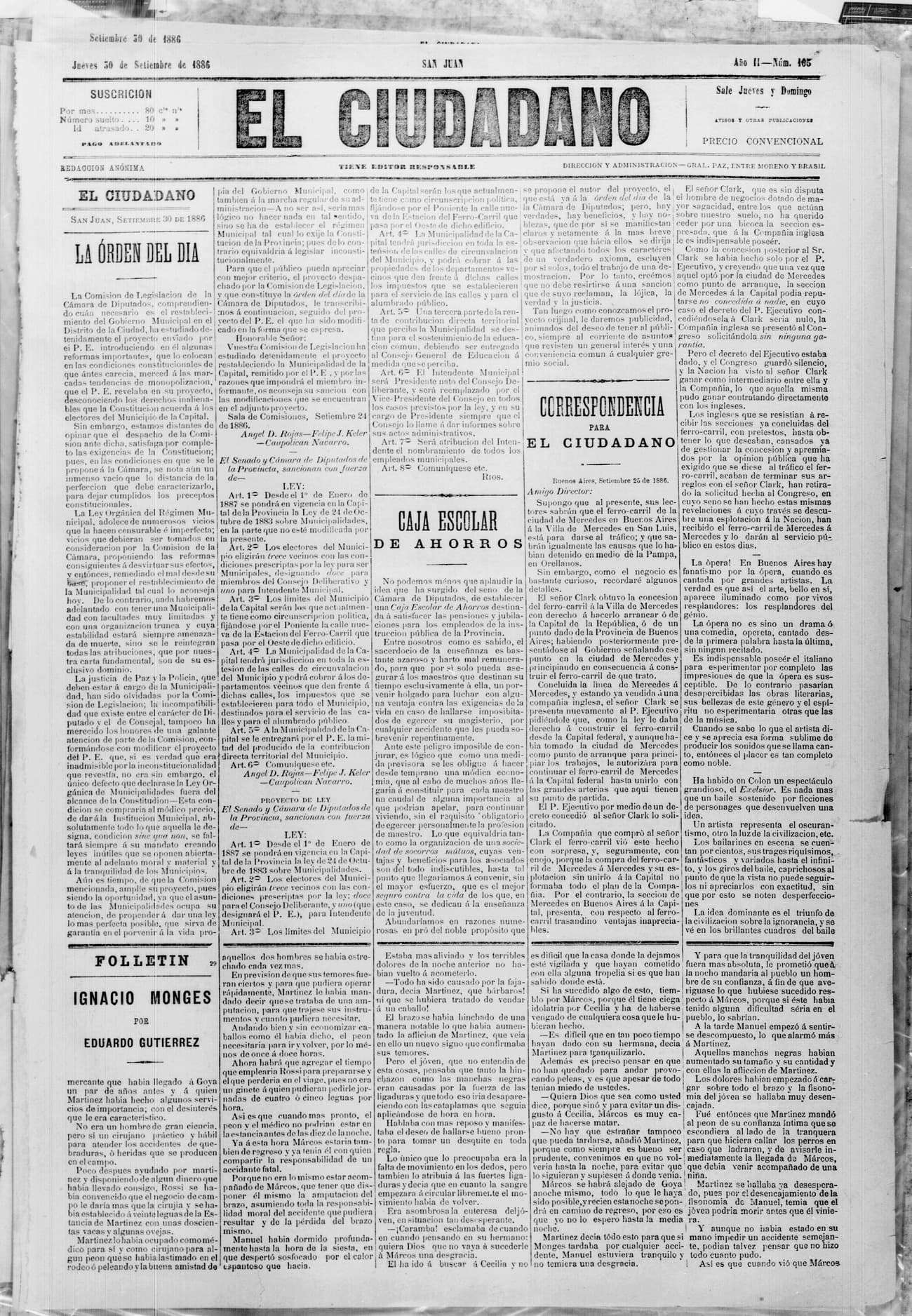 Portada · 30 de Septiembre de 1886
