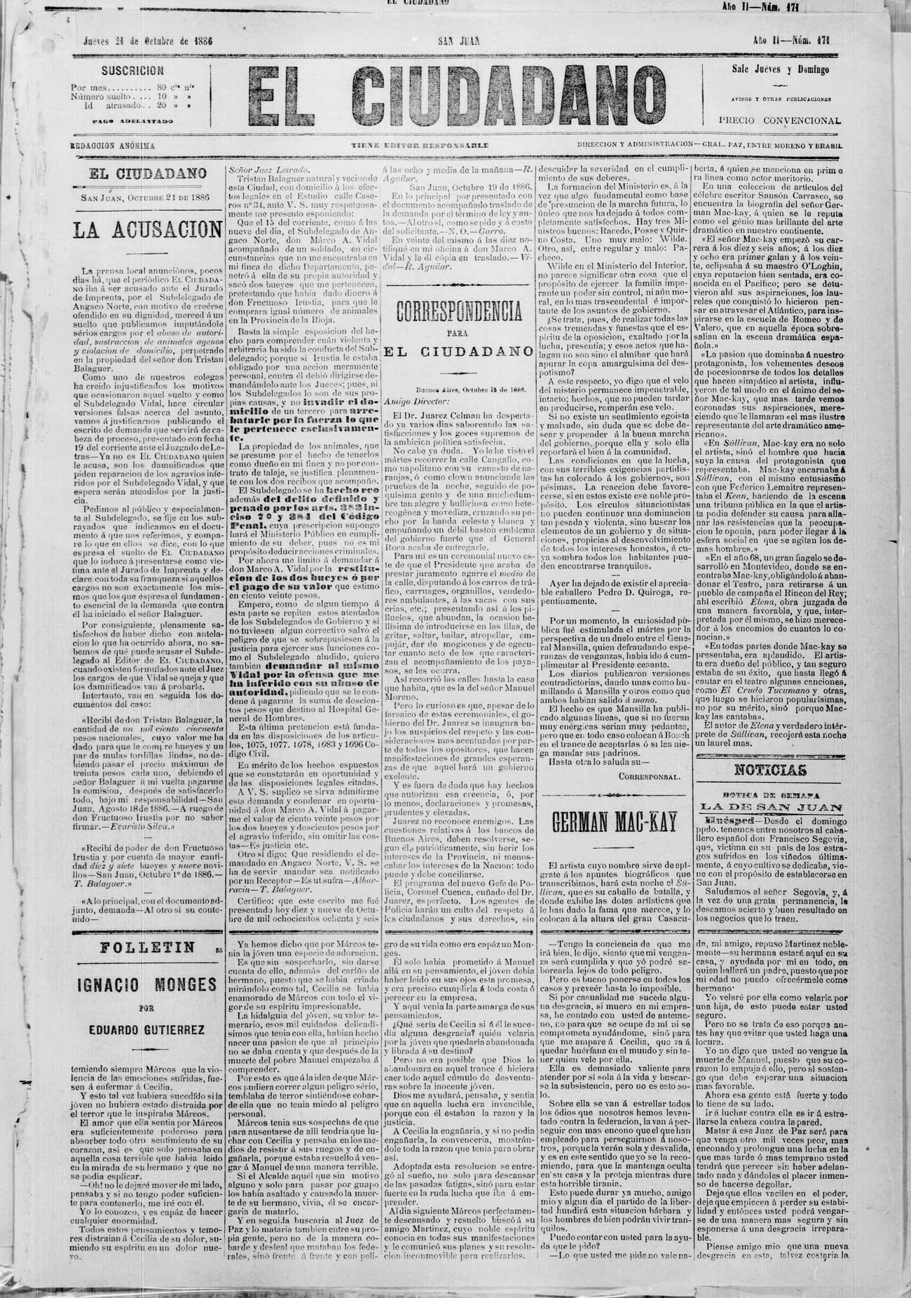 Portada · 21 de Octubre de 1886
