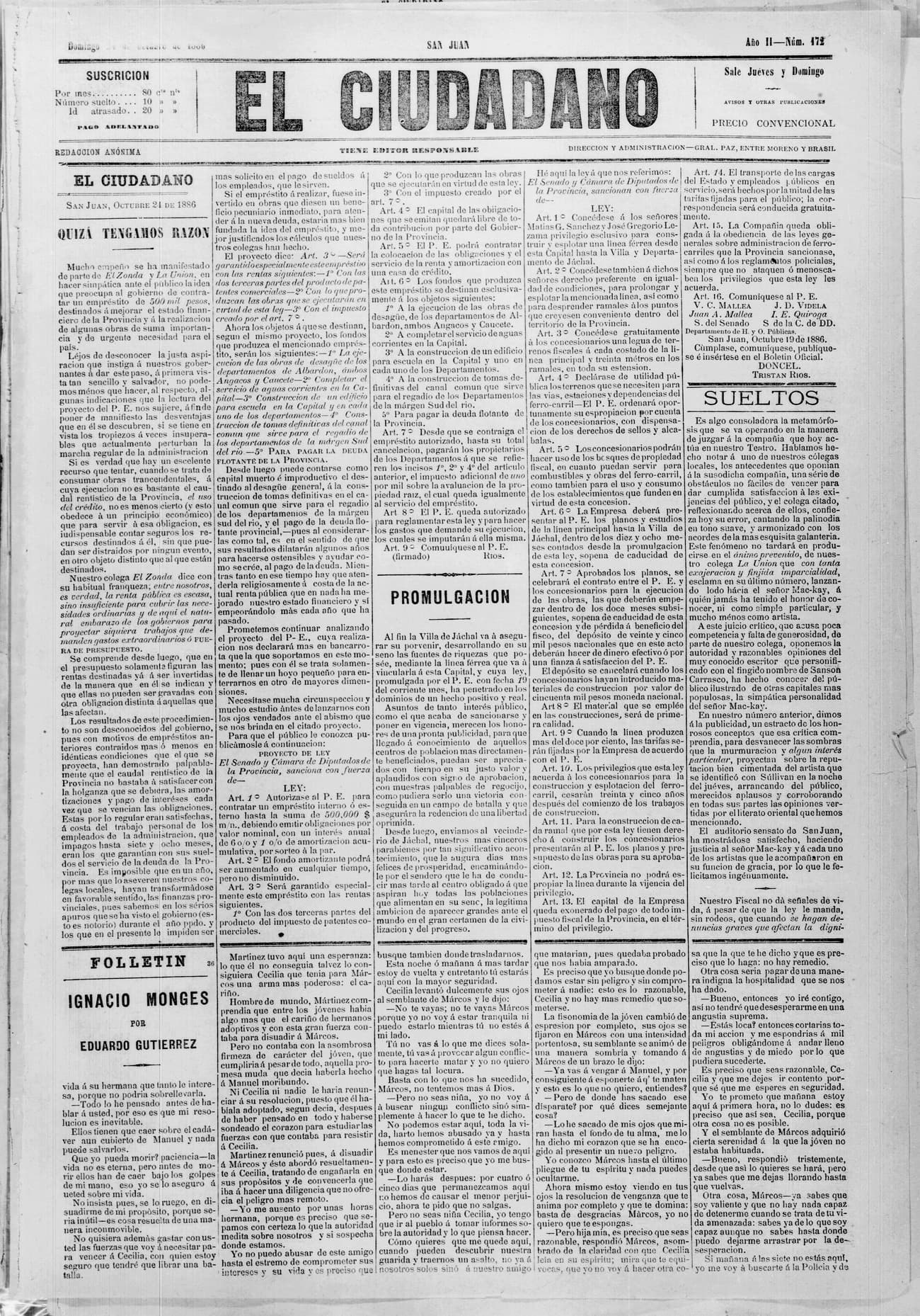Portada · 21 de Octubre de 1886