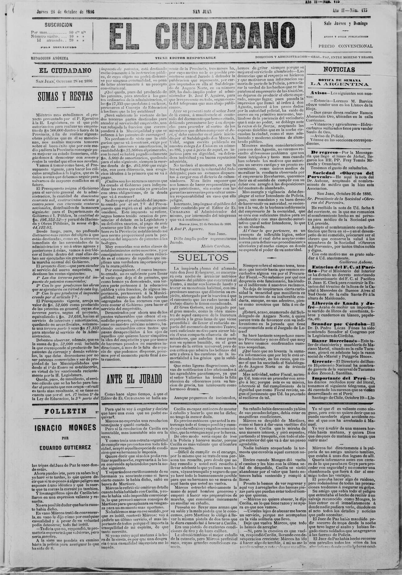 Portada · 28 de Octubre de 1886