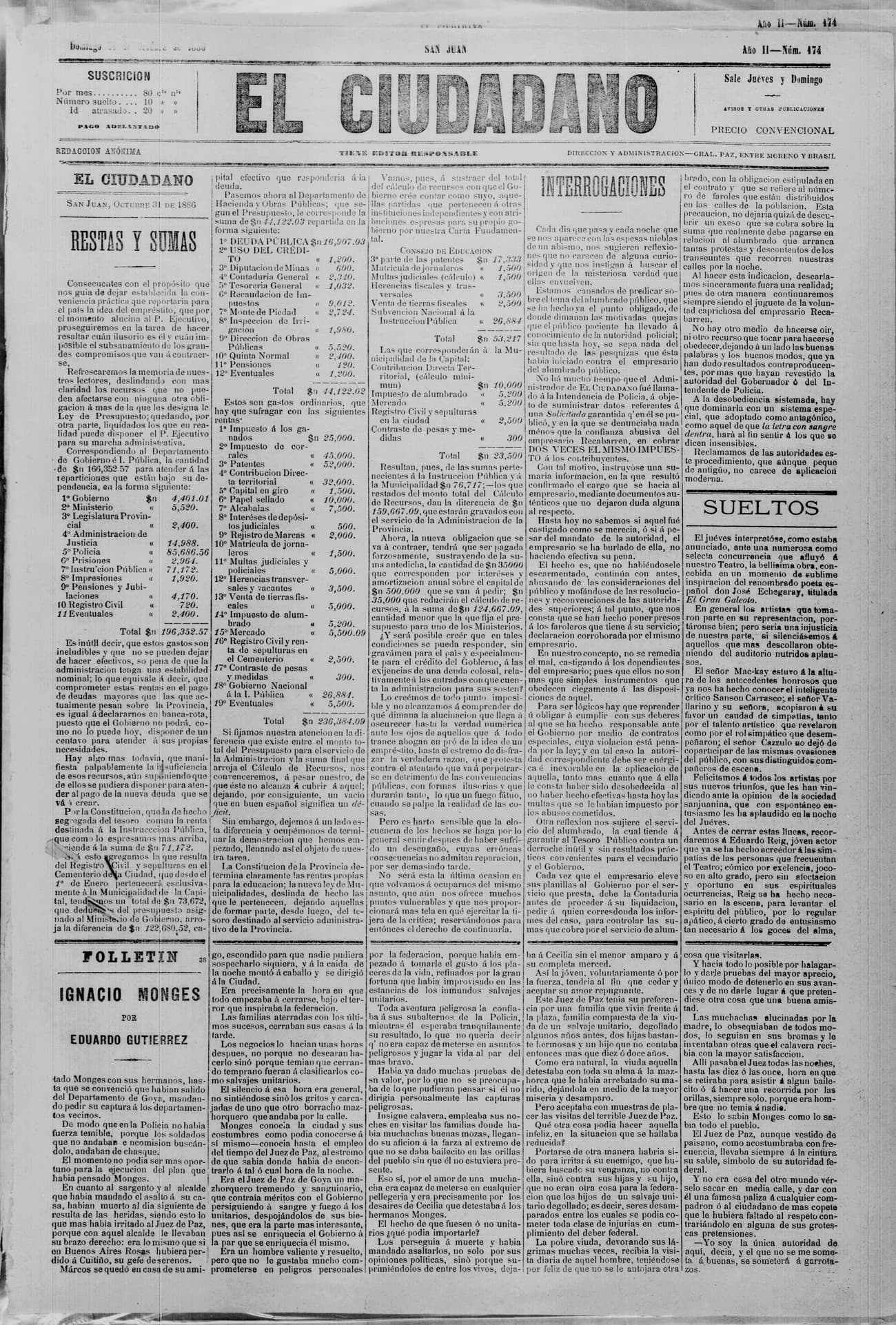Portada · 31 de Octubre de 1886