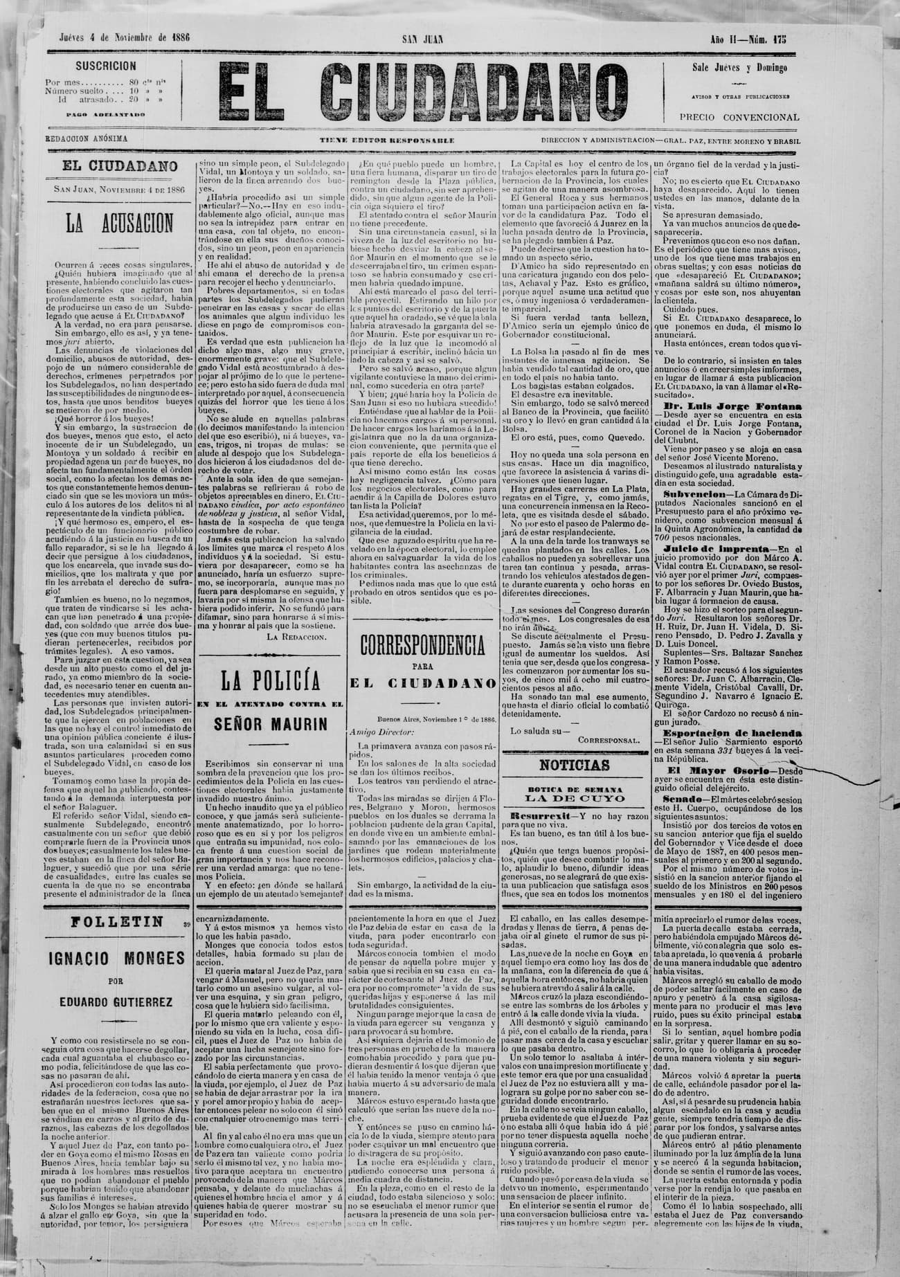 Portada · 4 de Noviembre de 1886
