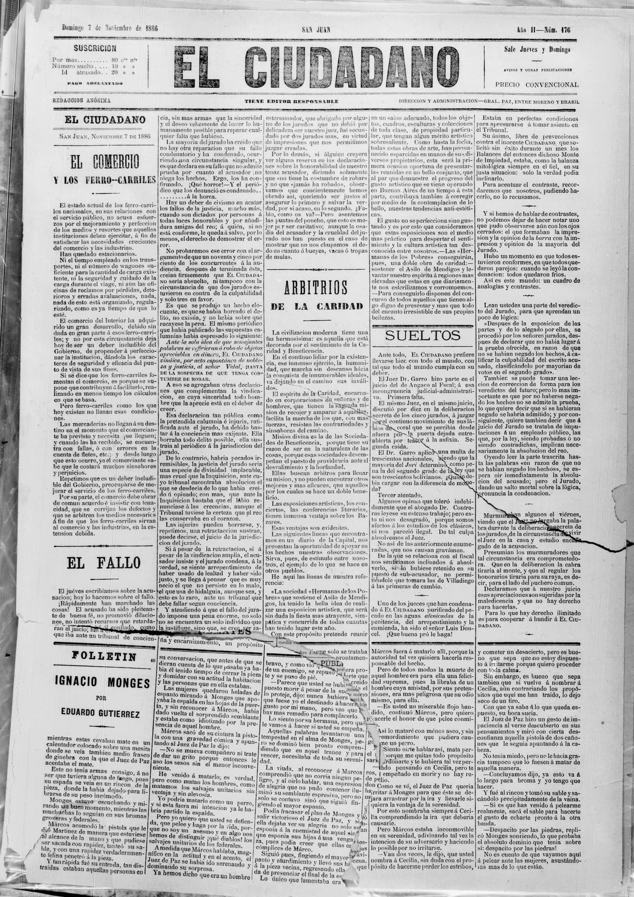 Portada · 7 de Noviembre de 1886