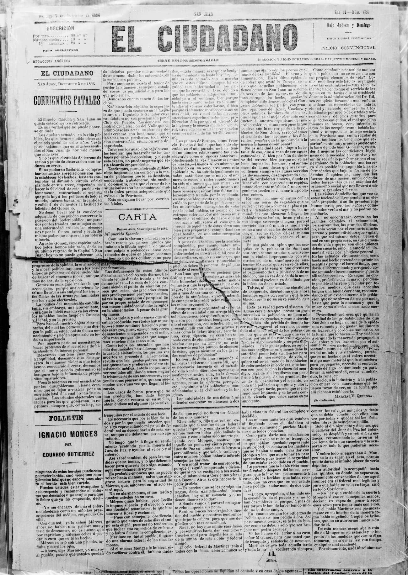 Portada · 5 de Diciembre de 1886