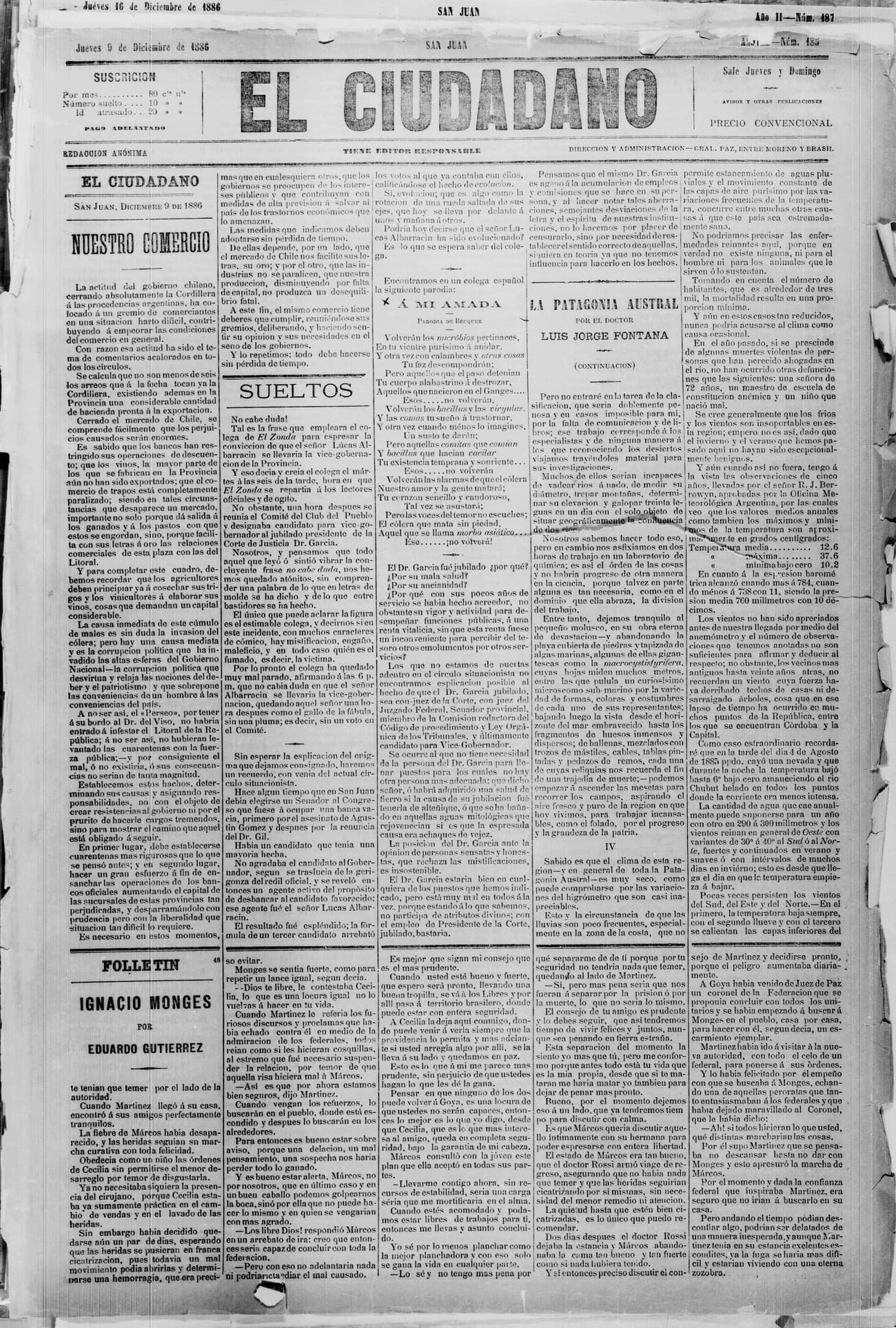 Portada · 9 de Diciembre de 1886