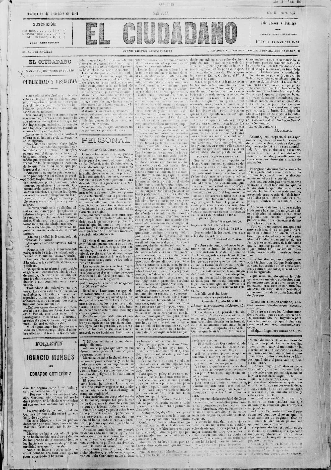 Portada · 19 de Diciembre de 1886