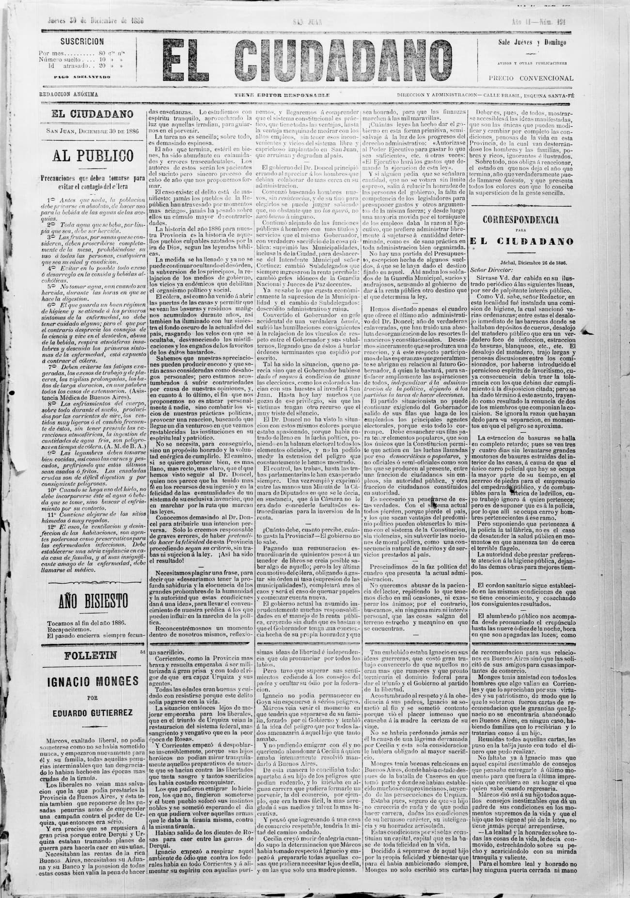 Portada · 30 de Diciembre de 1886