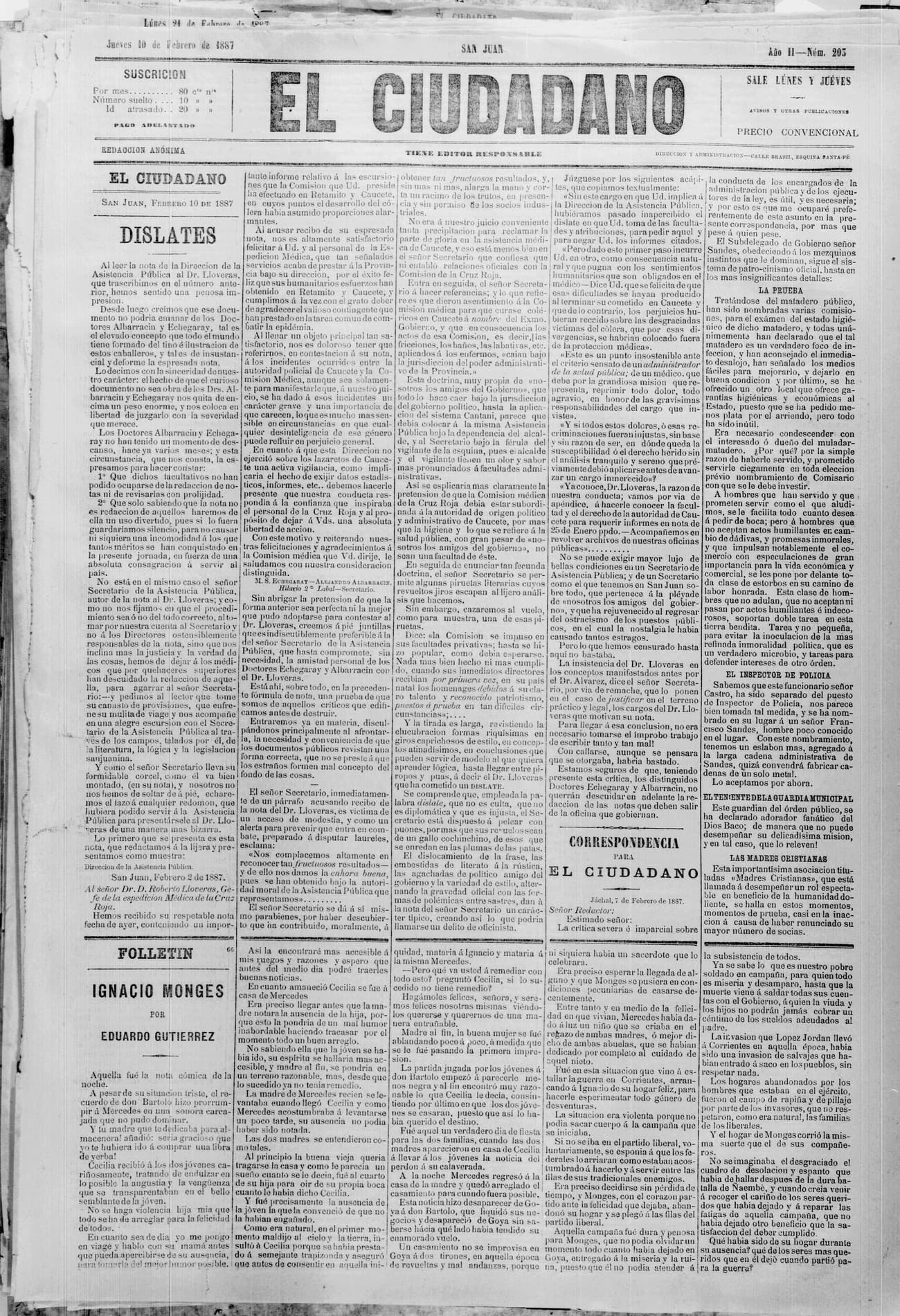 Portada · 10 de Febrero de 1887