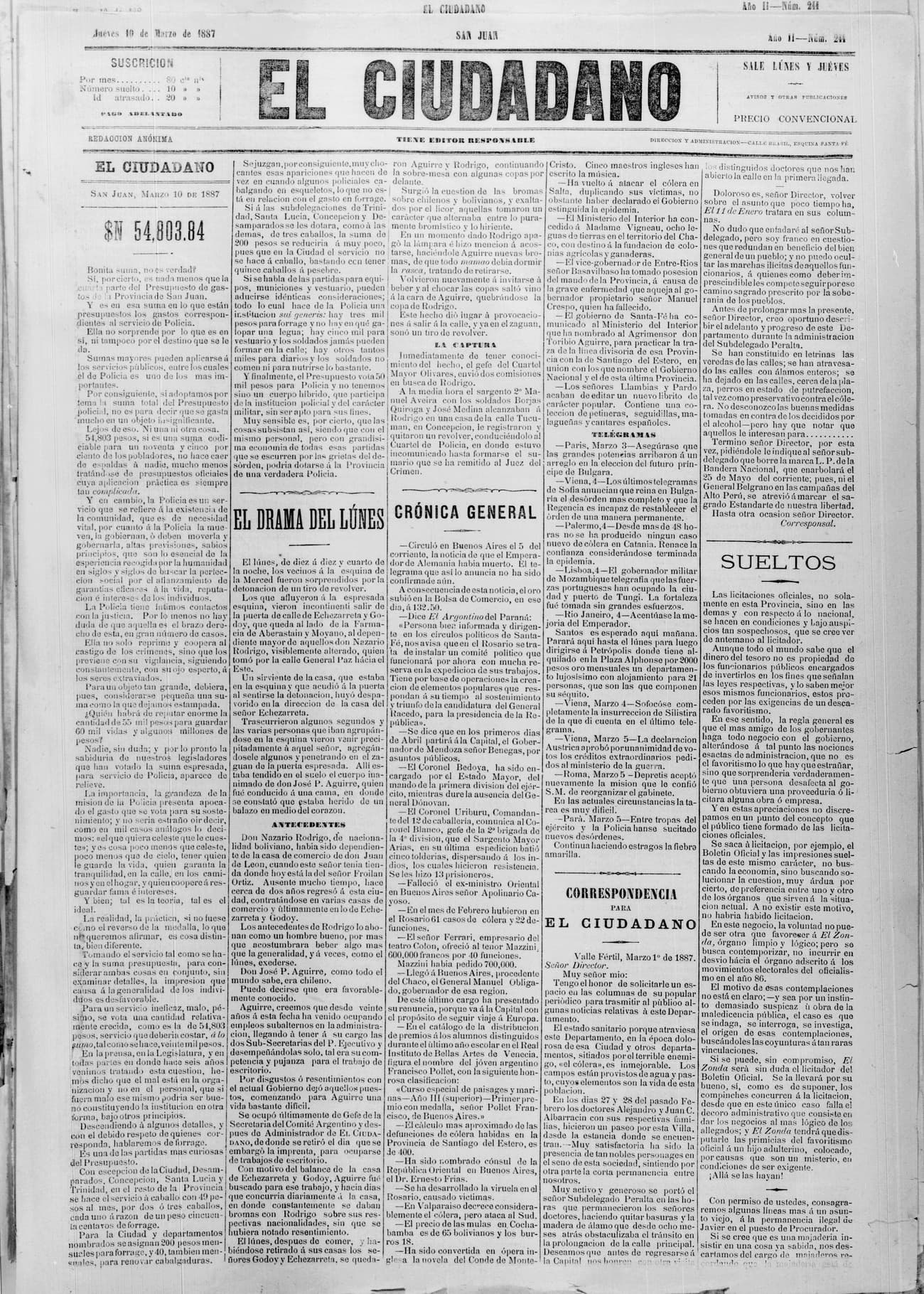 Portada · 10 de Marzo de 1887