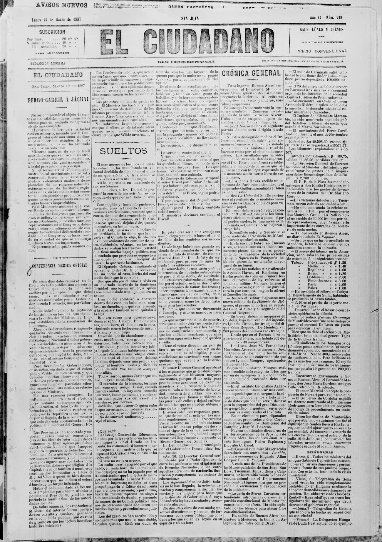 Portada · 10 de Marzo de 1887
