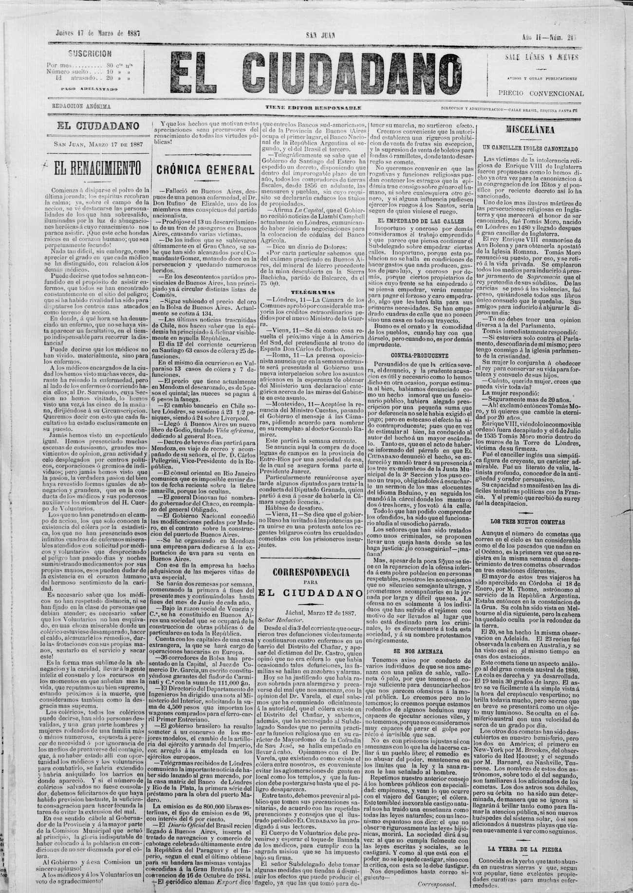 Portada · 17 de Marzo de 1887