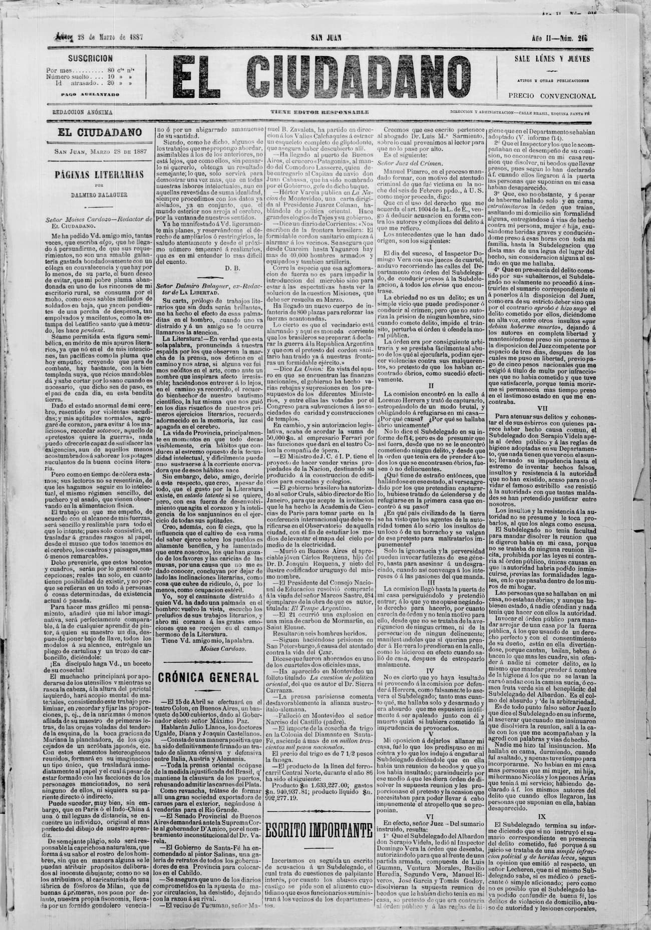 Portada · 28 de Marzo de 1887